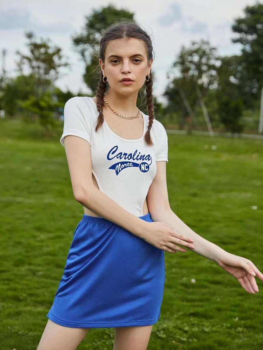 Letter Graphic Cut Out Side Bodysuit-Comfy Jumpsuits