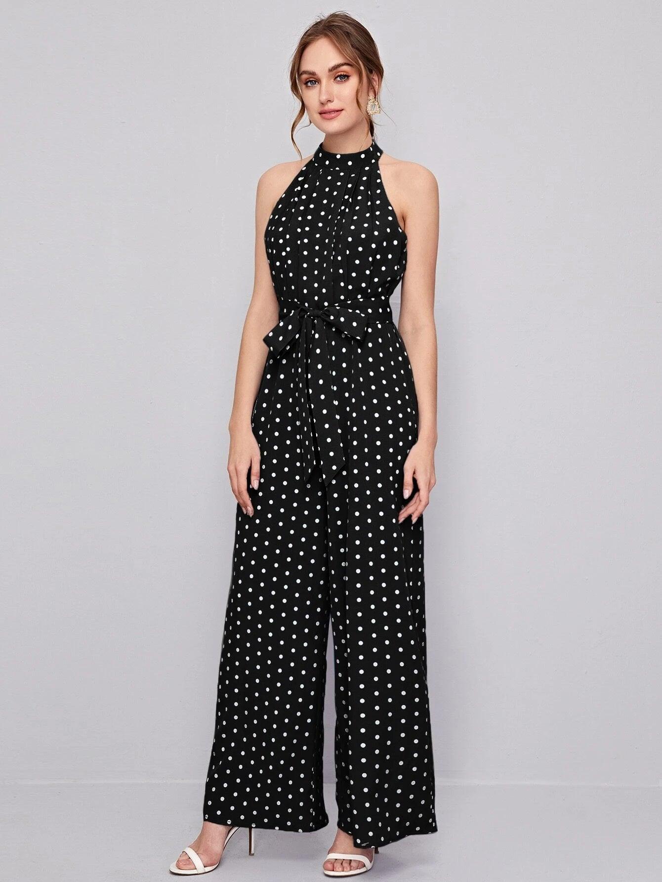 Belted Polka Dot Halter Neck Jumpsuit-Comfy Jumpsuits