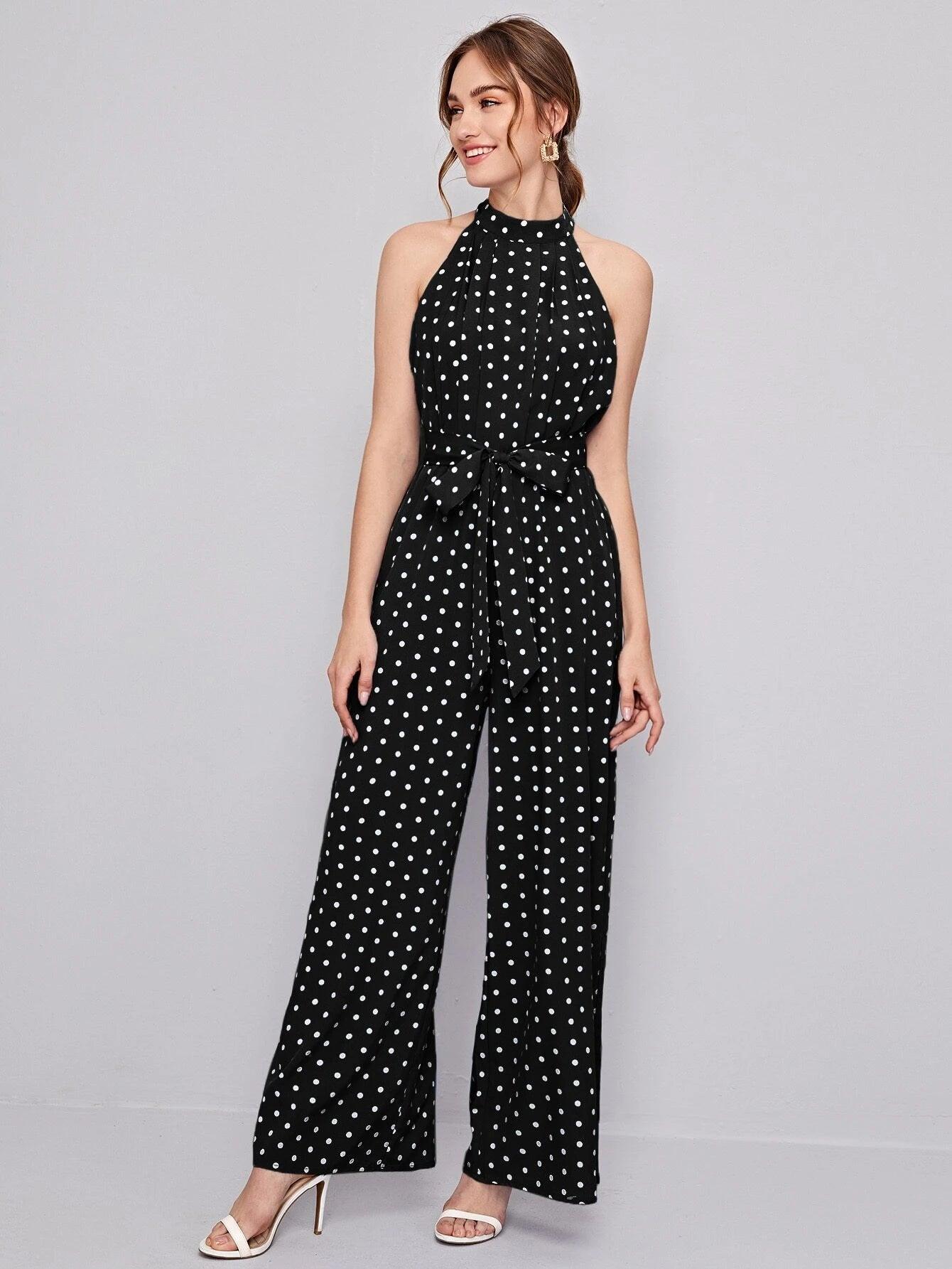 Belted Polka Dot Halter Neck Jumpsuit-Comfy Jumpsuits