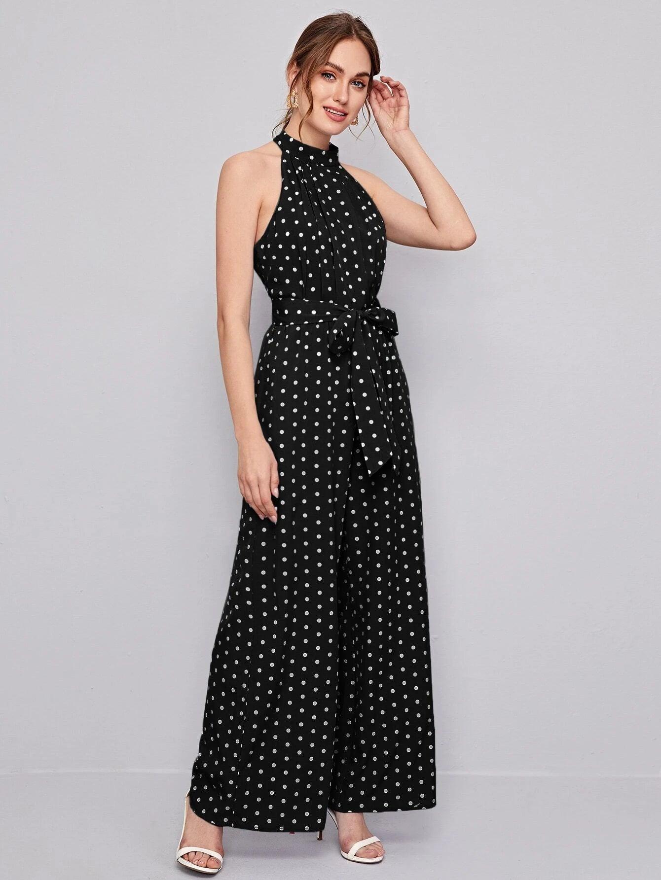 Belted Polka Dot Halter Neck Jumpsuit-Comfy Jumpsuits