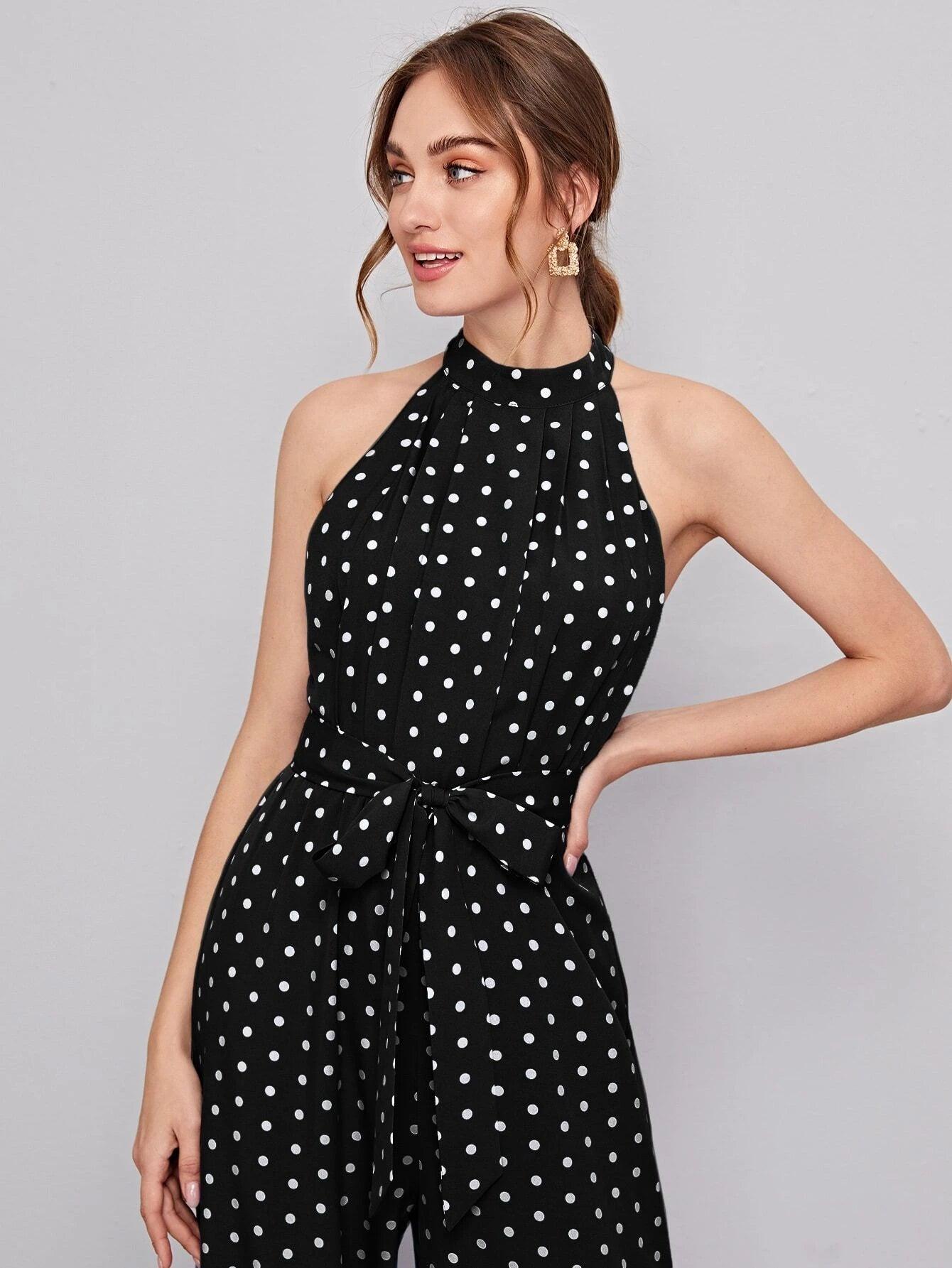 Belted Polka Dot Halter Neck Jumpsuit-Comfy Jumpsuits