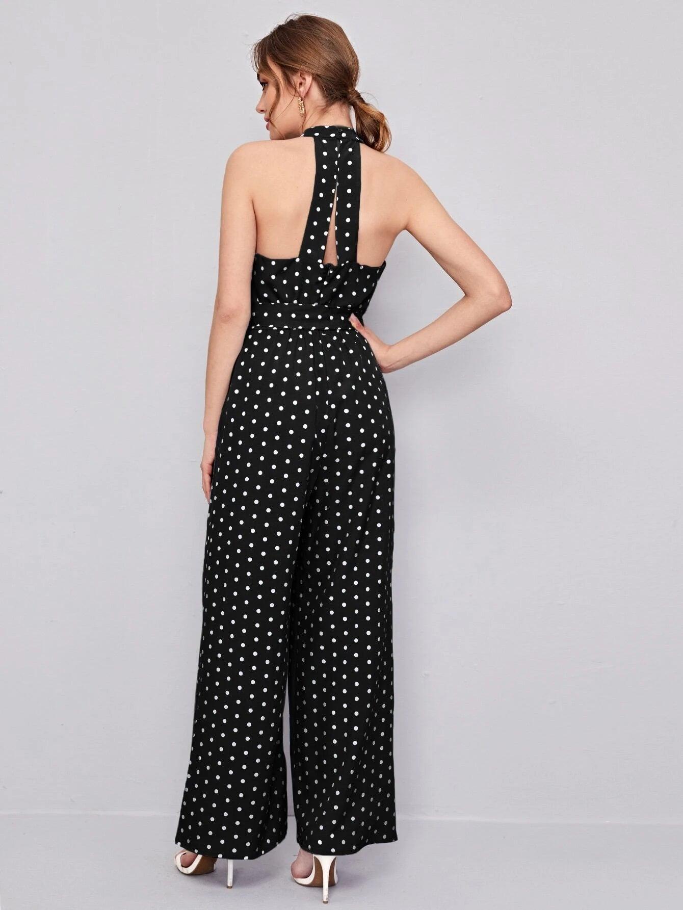 Belted Polka Dot Halter Neck Jumpsuit-Comfy Jumpsuits