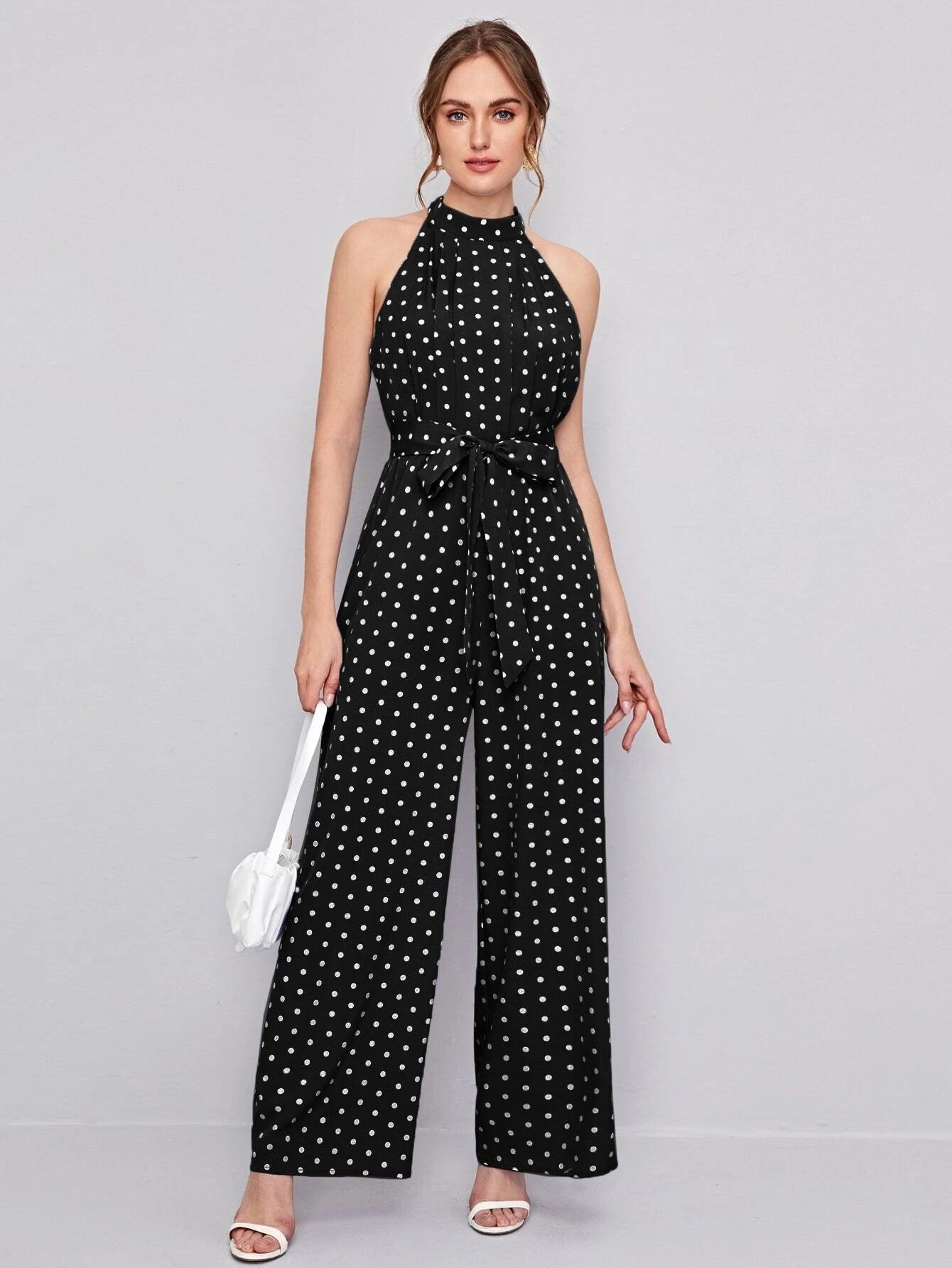 Belted Polka Dot Halter Neck Jumpsuit-Comfy Jumpsuits