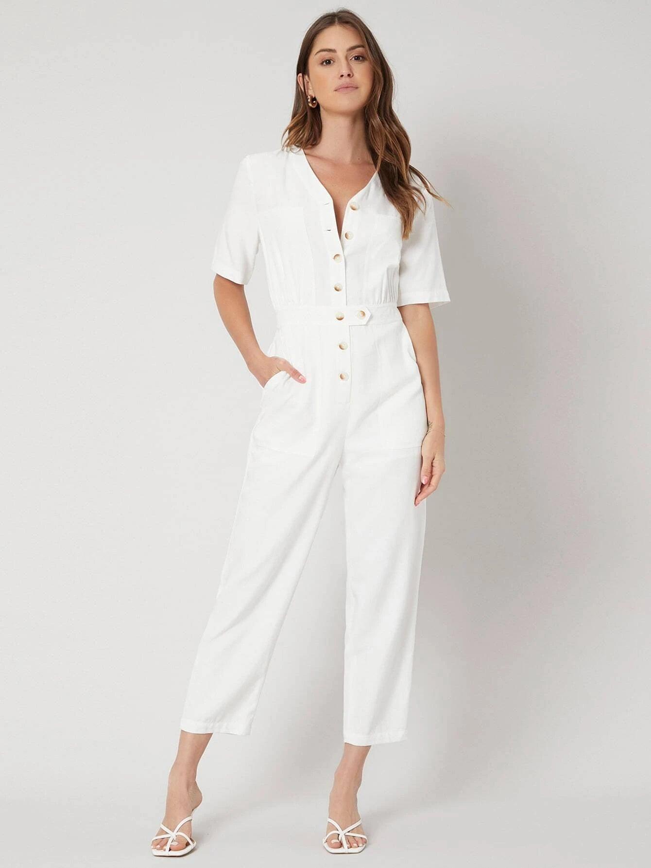 Linen Shirt Style Jumpsuit-Comfy Jumpsuits
