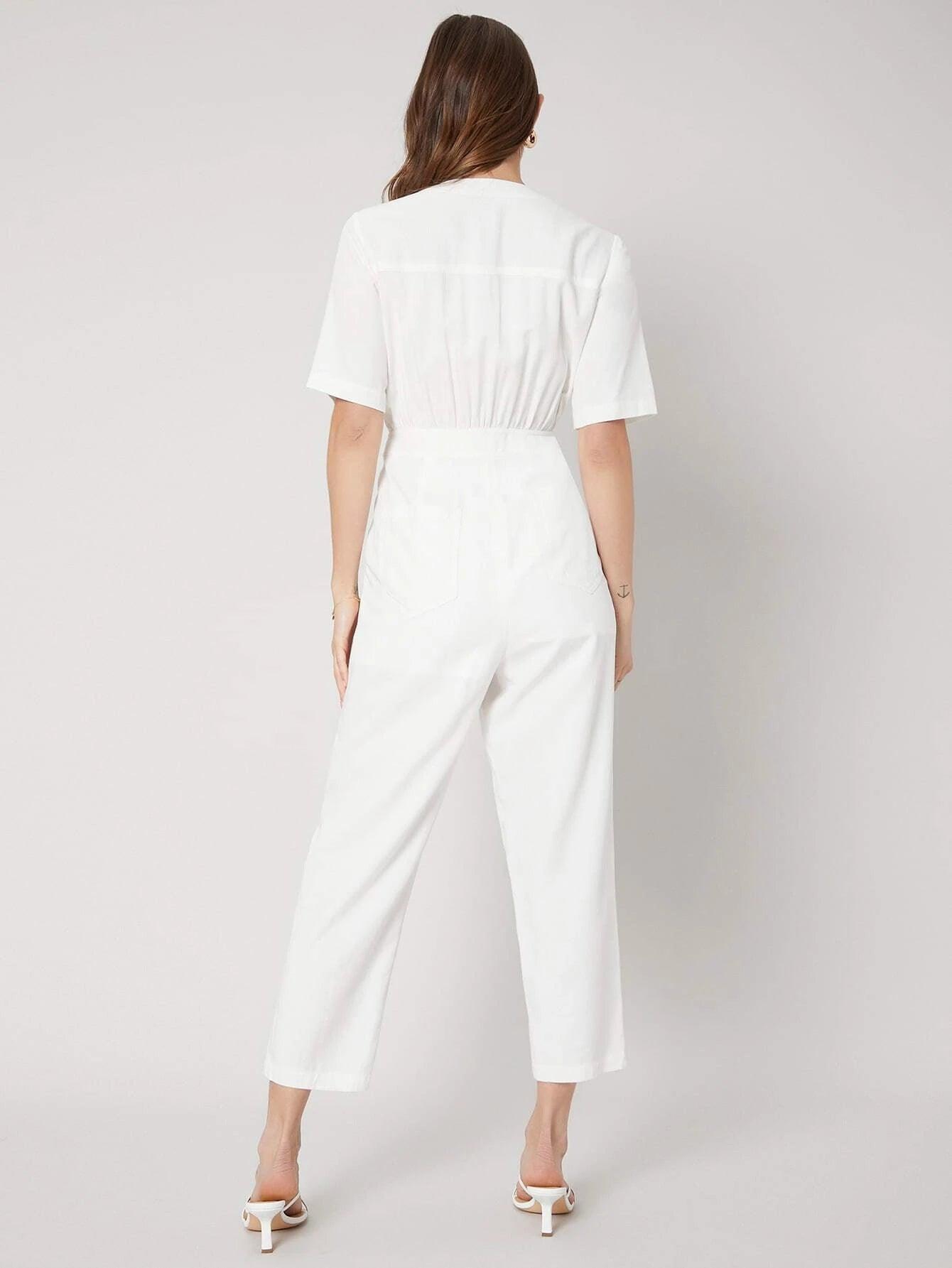 Linen Shirt Style Jumpsuit-Comfy Jumpsuits