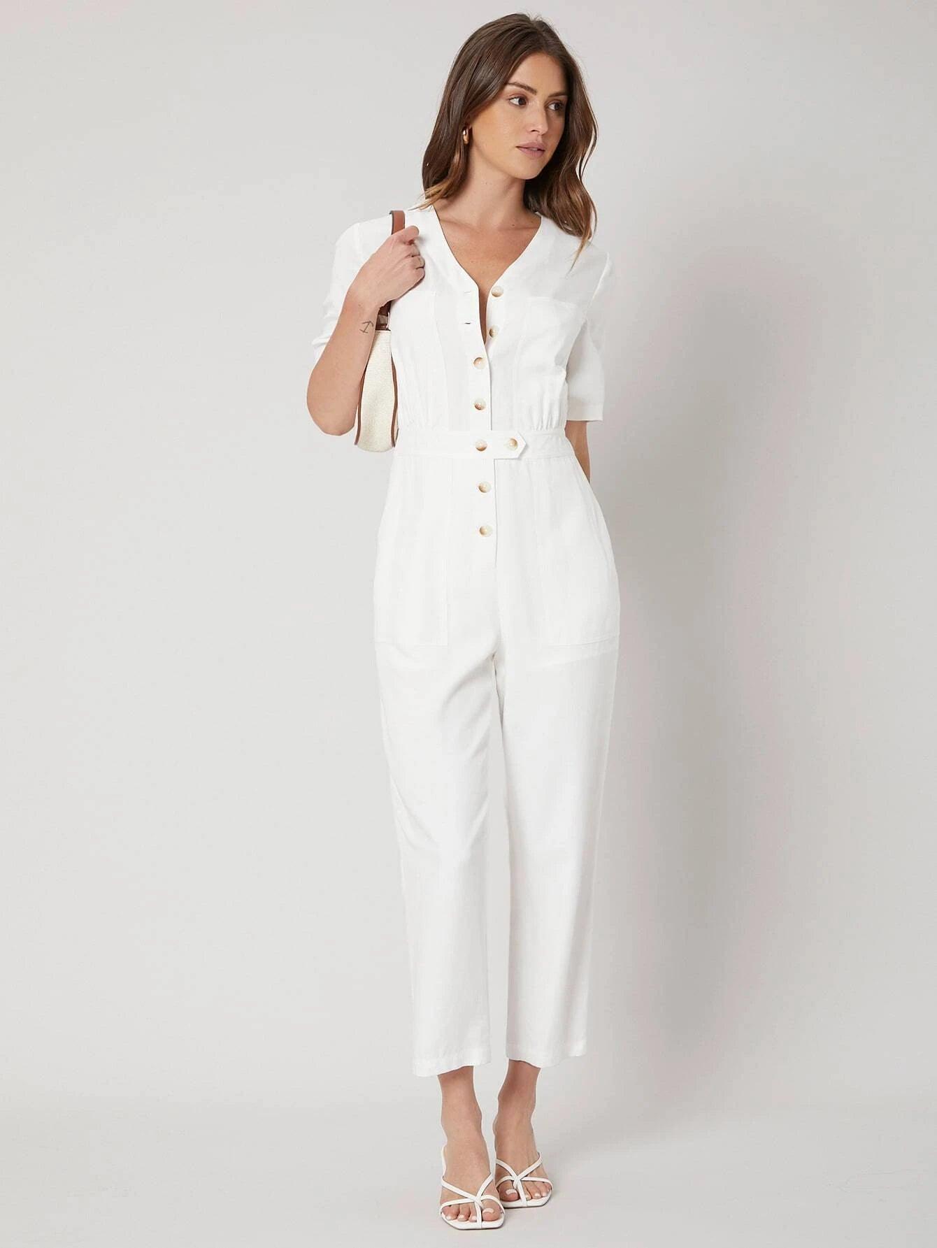 Linen Shirt Style Jumpsuit-Comfy Jumpsuits