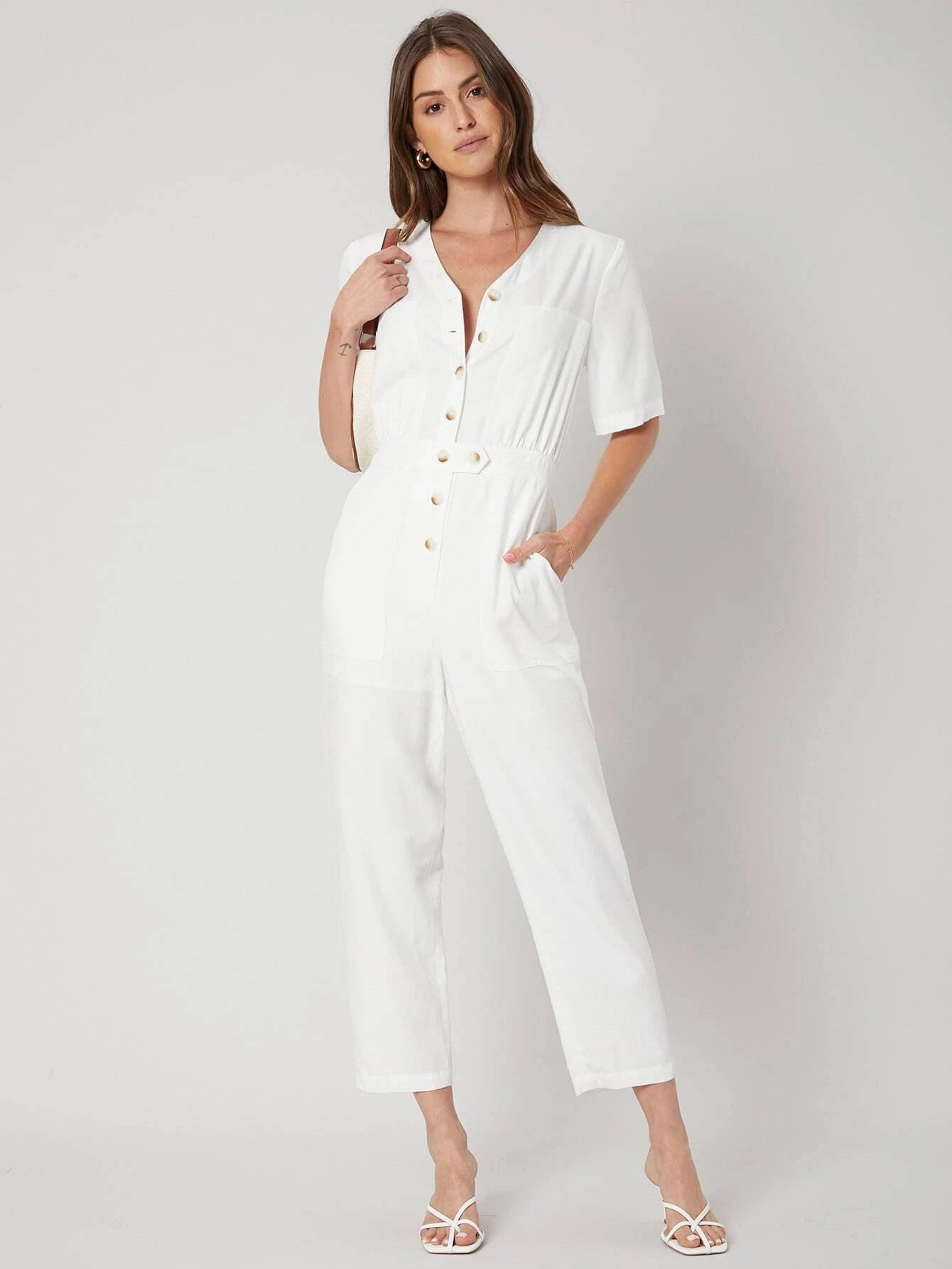 Linen Shirt Style Jumpsuit-Comfy Jumpsuits