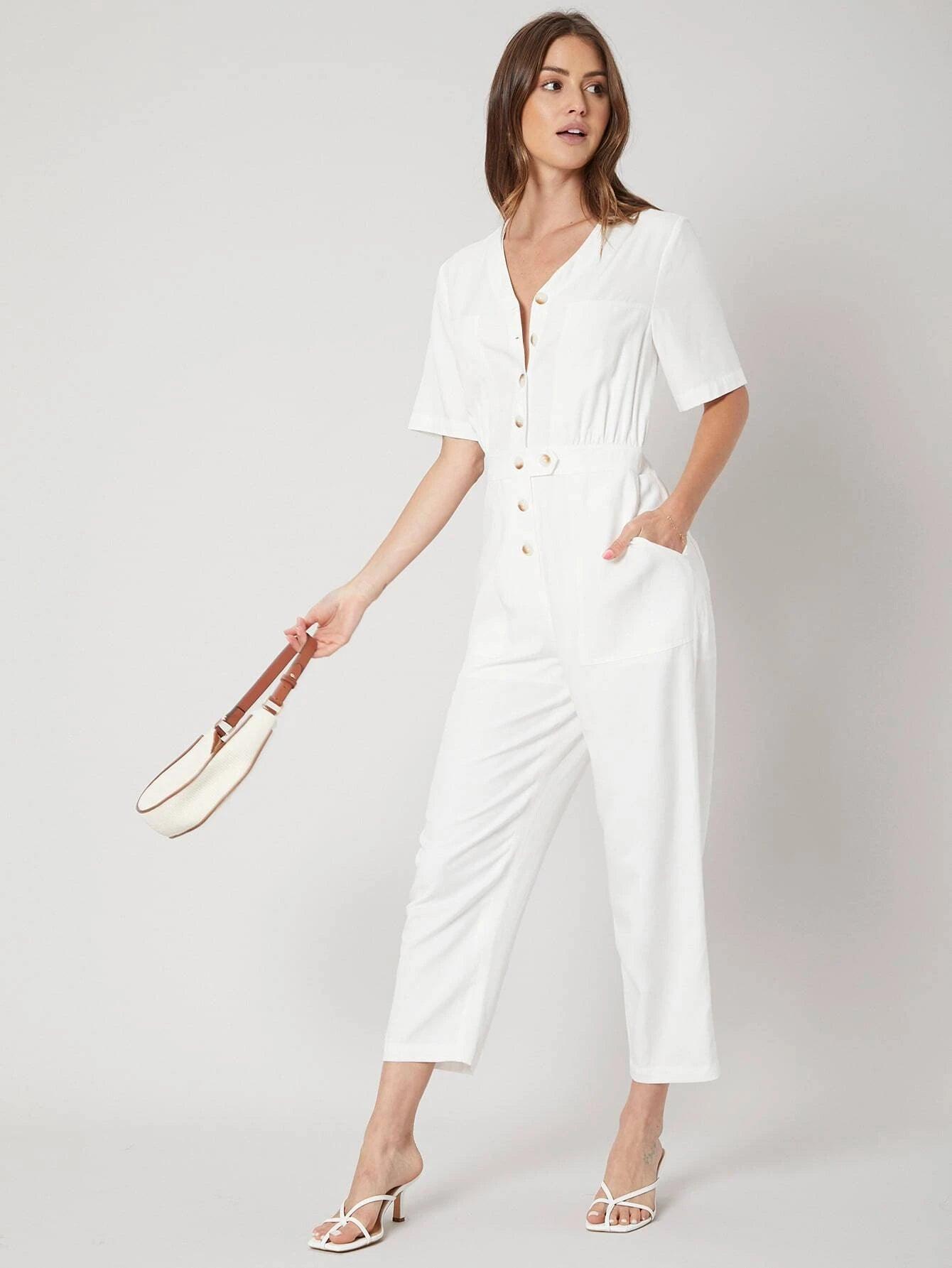 Linen Shirt Style Jumpsuit-Comfy Jumpsuits