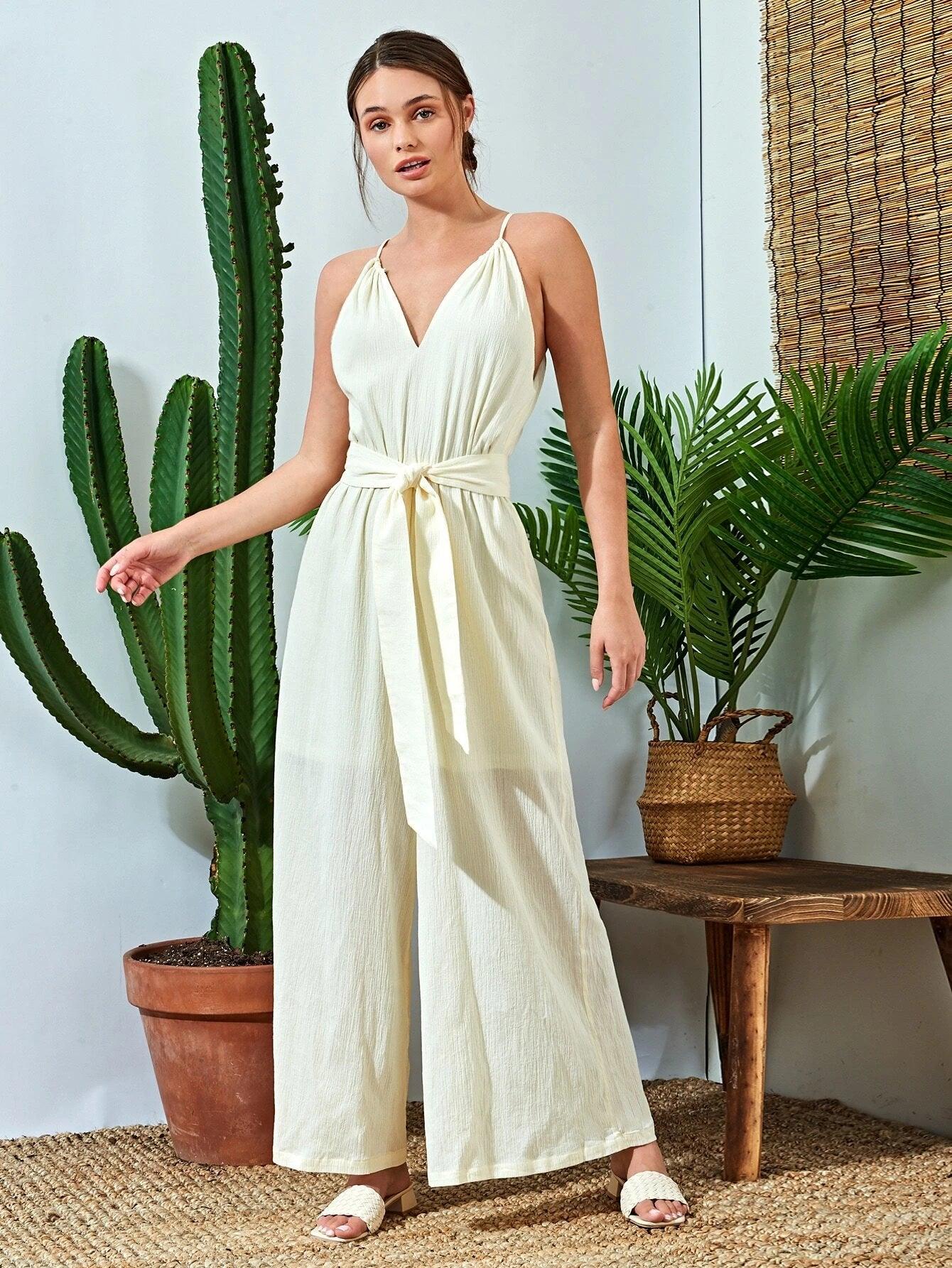 Cotton Spaghetti Strap Cami Jumpsuit-Comfy Jumpsuits