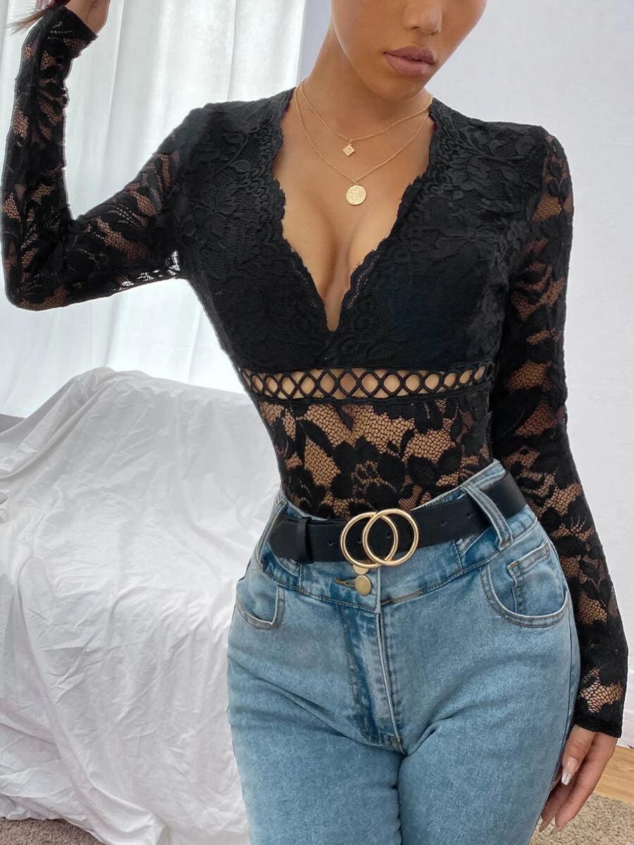 Plunging V-Neck Bodysuit-Comfy Jumpsuits