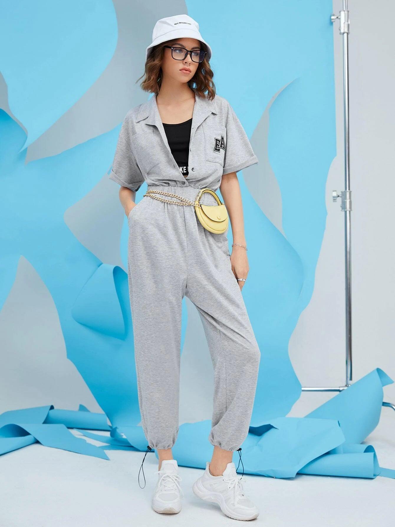 Letter Graphic Drop Shoulder Jumpsuit-Comfy Jumpsuits