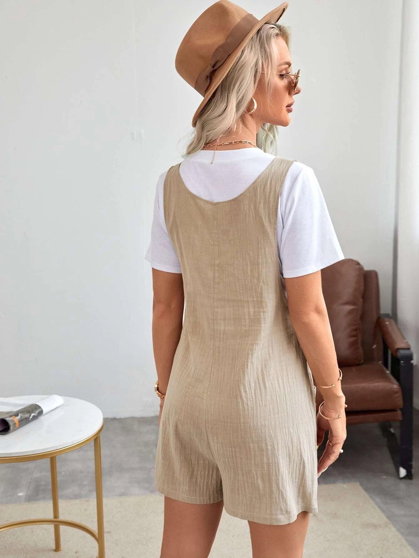 Dual Pocket Button Front Romper-Comfy Jumpsuits