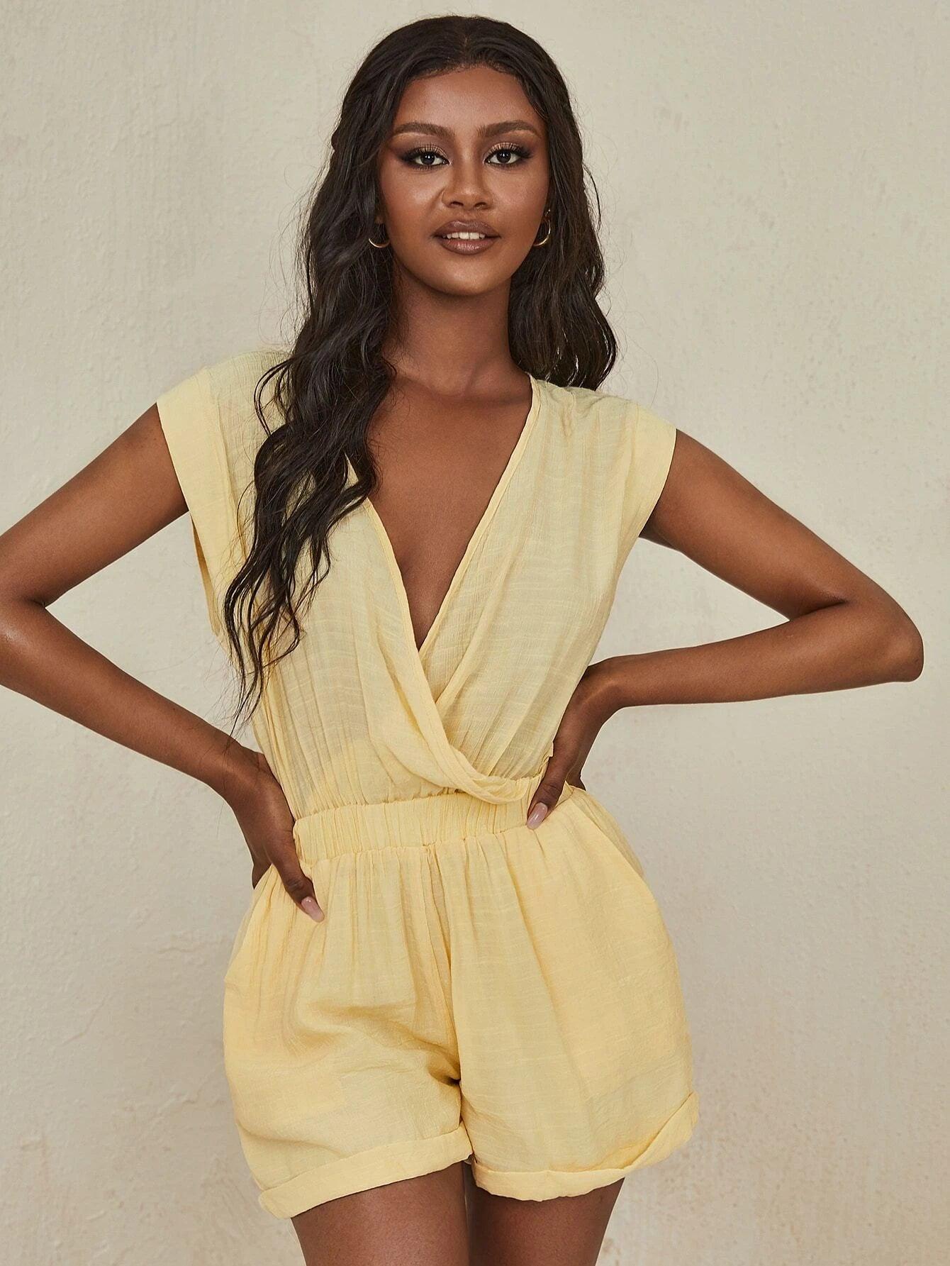 Neck Tie Back Roll Hem Romper-Comfy Jumpsuits
