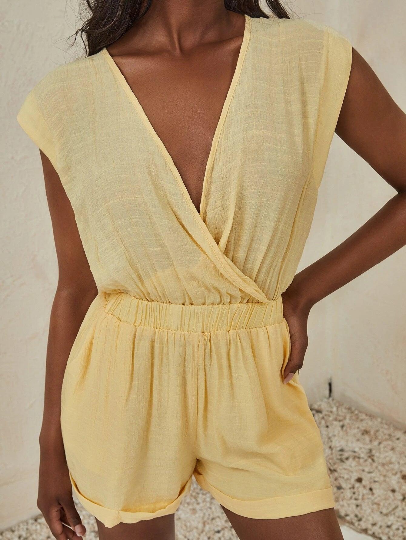 Neck Tie Back Roll Hem Romper-Comfy Jumpsuits