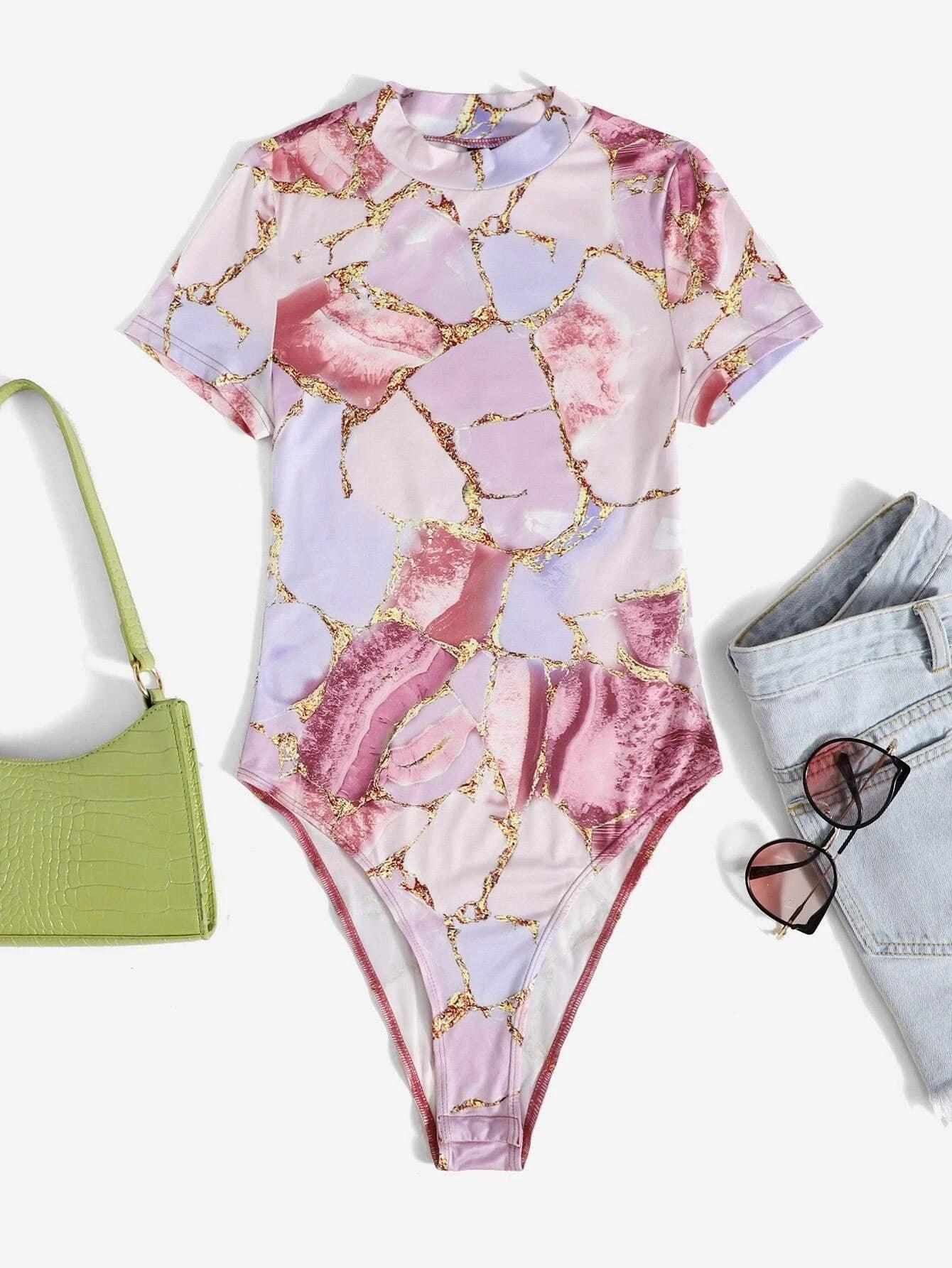 Marble Print Bodysuit-Comfy Jumpsuits