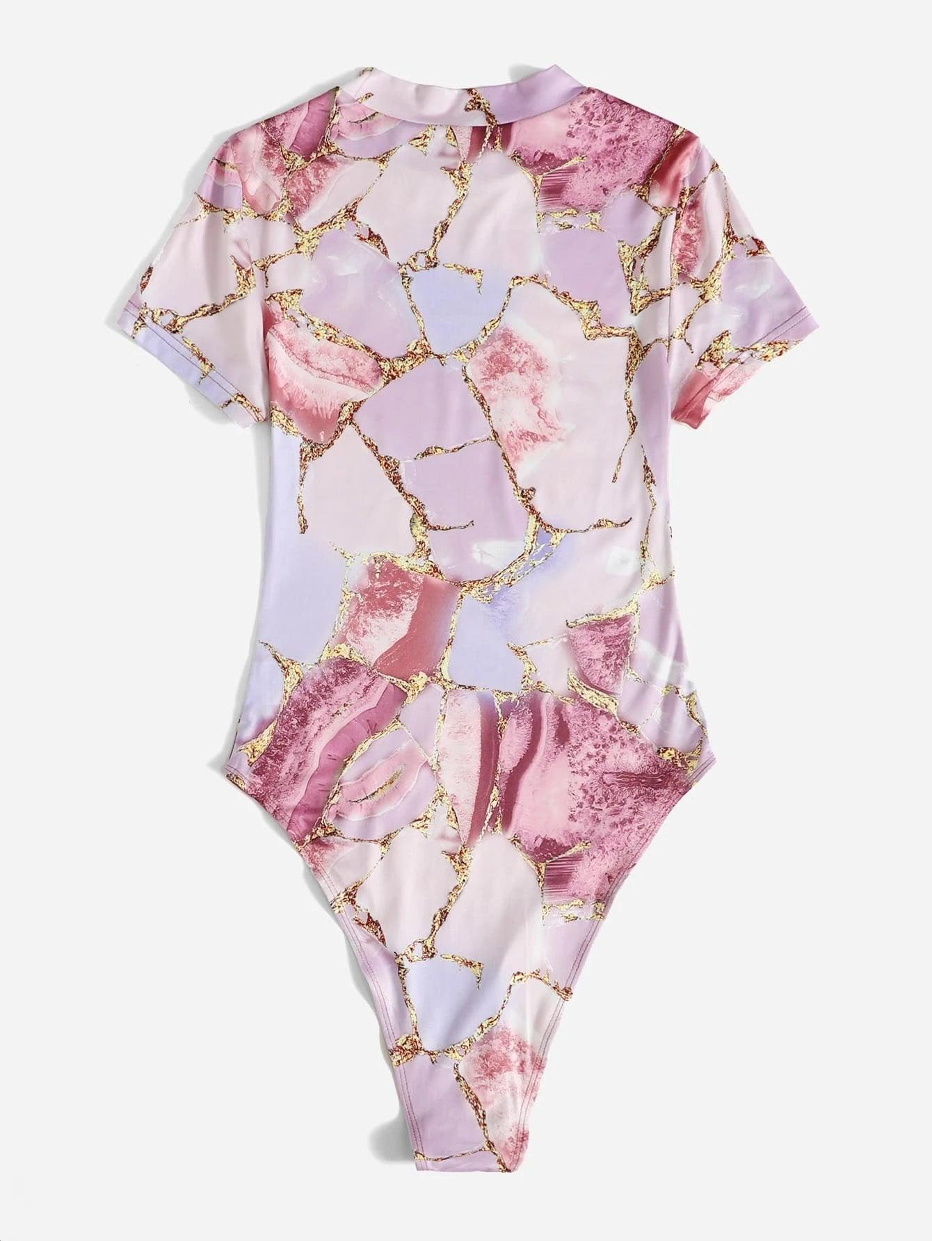 Marble Print Bodysuit-Comfy Jumpsuits