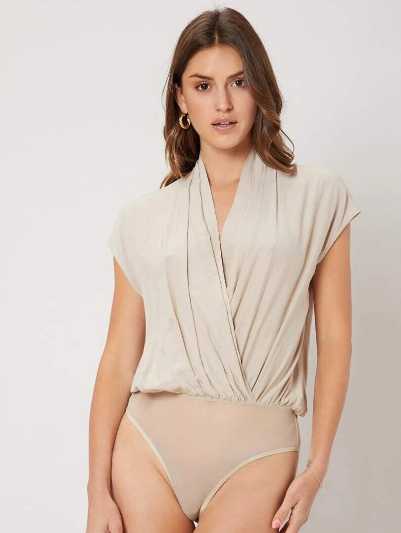 Elegant Beige Colored Wrap Bodysuit-Comfy Jumpsuits