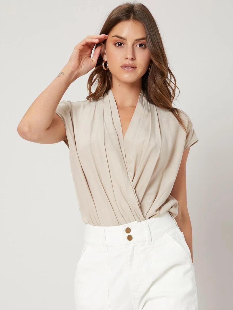 Elegant Beige Colored Wrap Bodysuit-Comfy Jumpsuits