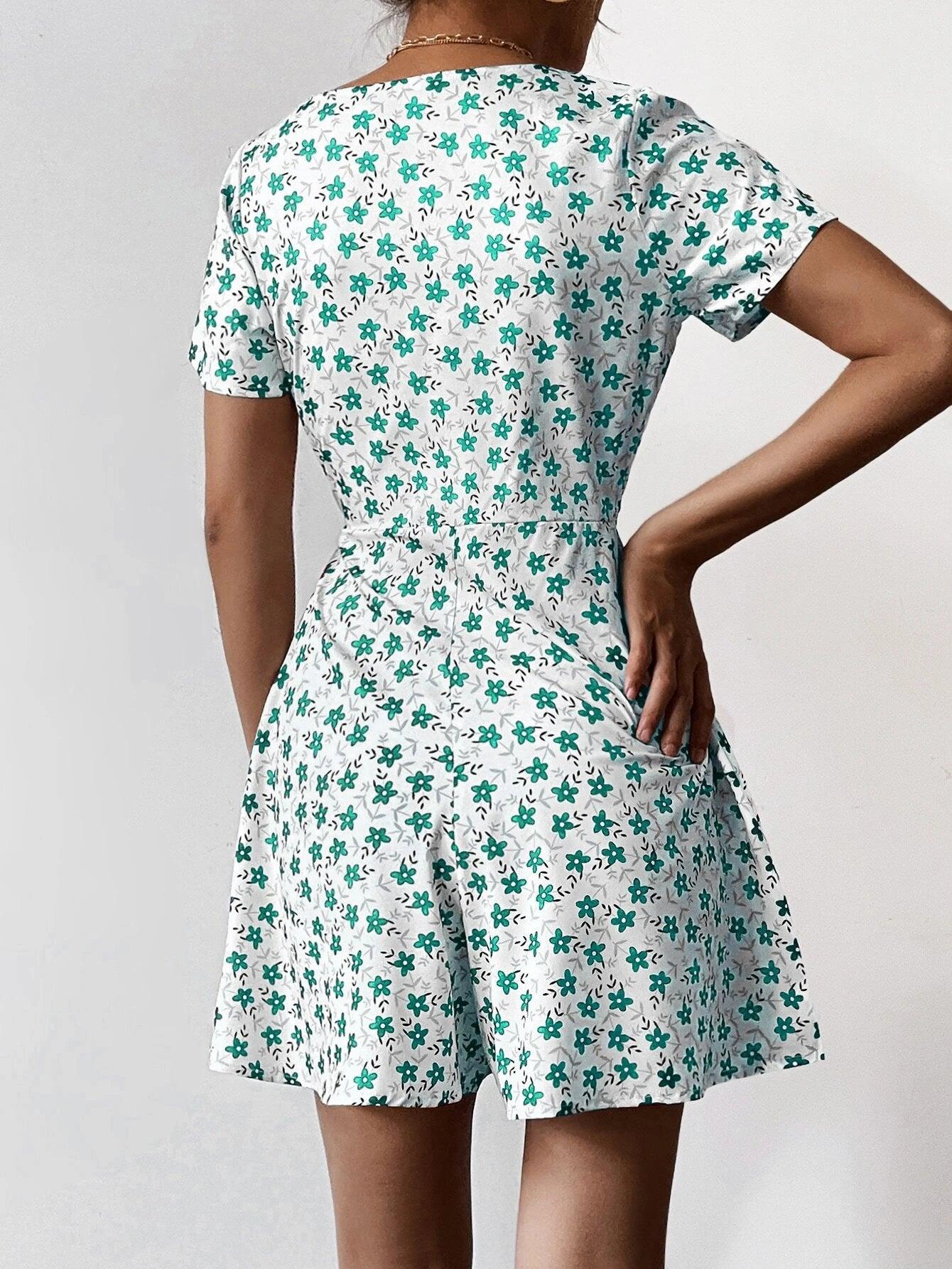 Allover Floral Twist Print Romper-Comfy Jumpsuits