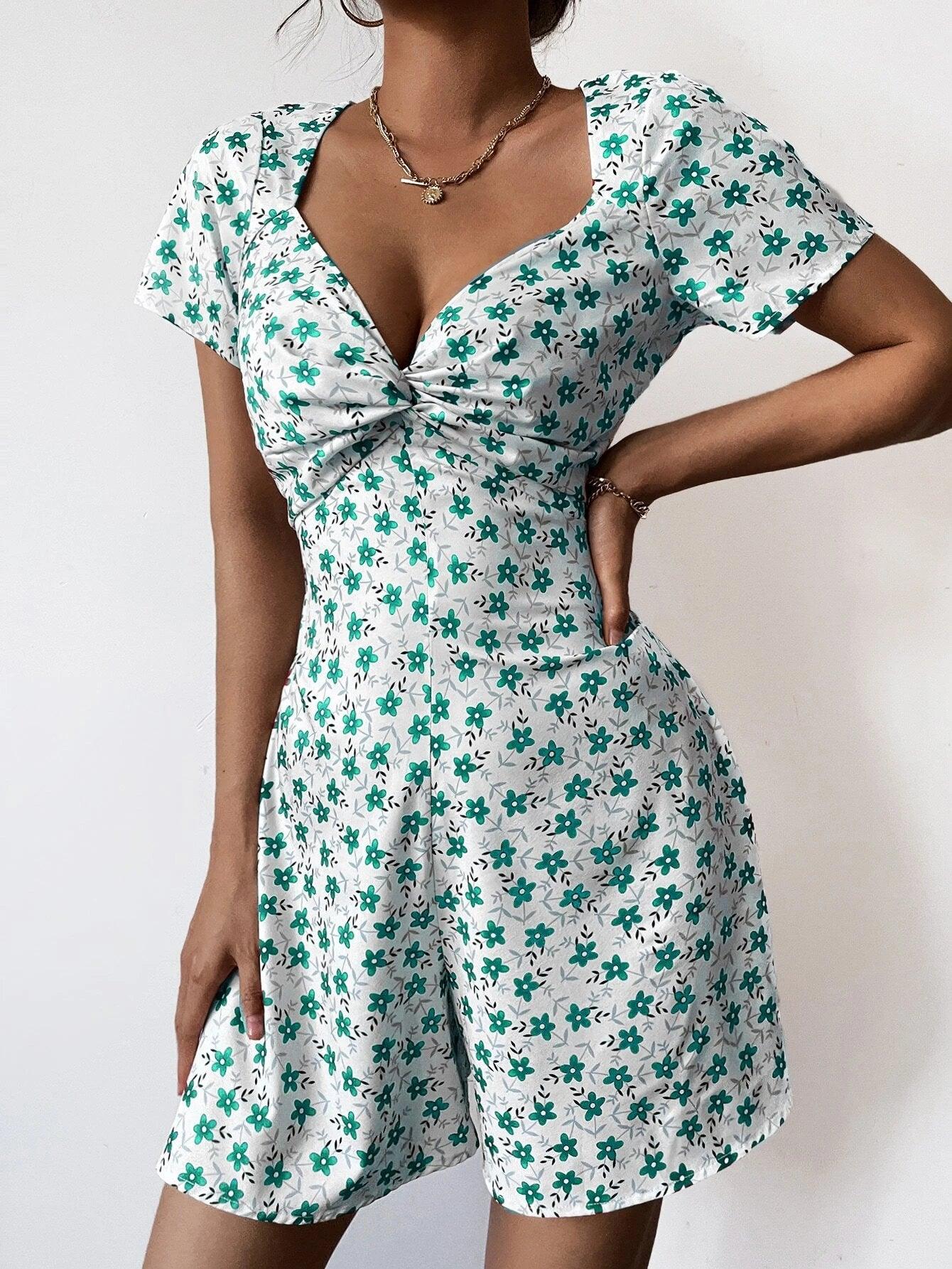 Allover Floral Twist Print Romper-Comfy Jumpsuits