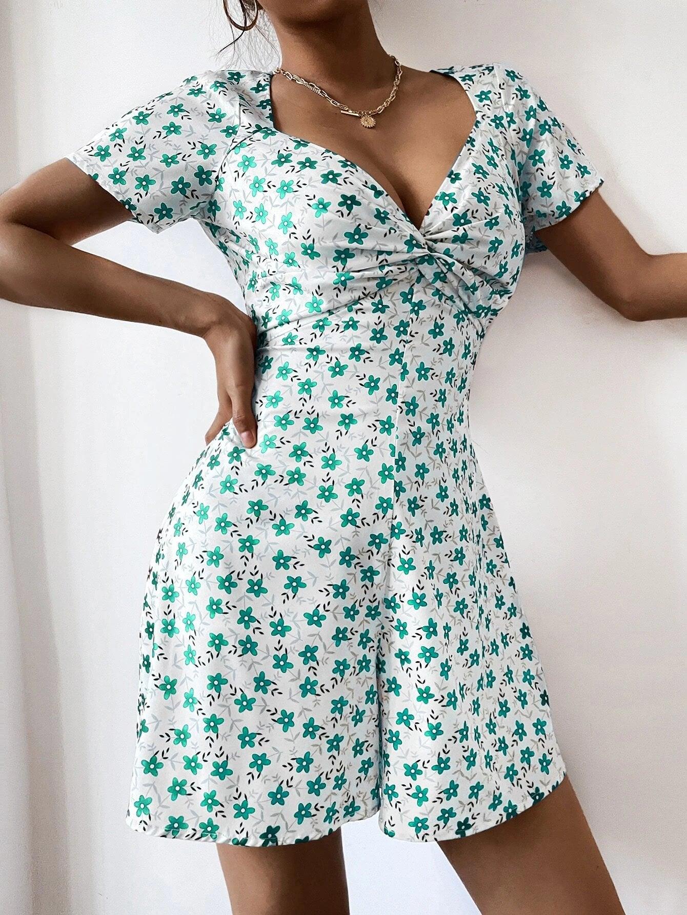 Allover Floral Twist Print Romper-Comfy Jumpsuits