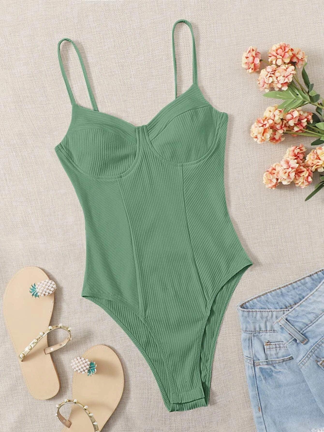 Colored Rib-Knit Bodysuit-Comfy Jumpsuits