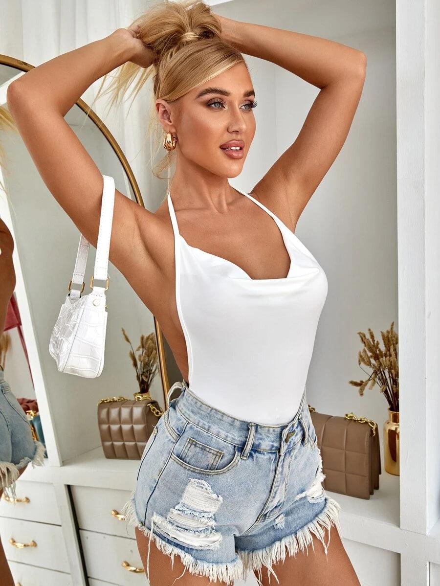 Tie Backless Draped Halter Bodysuit-Comfy Jumpsuits