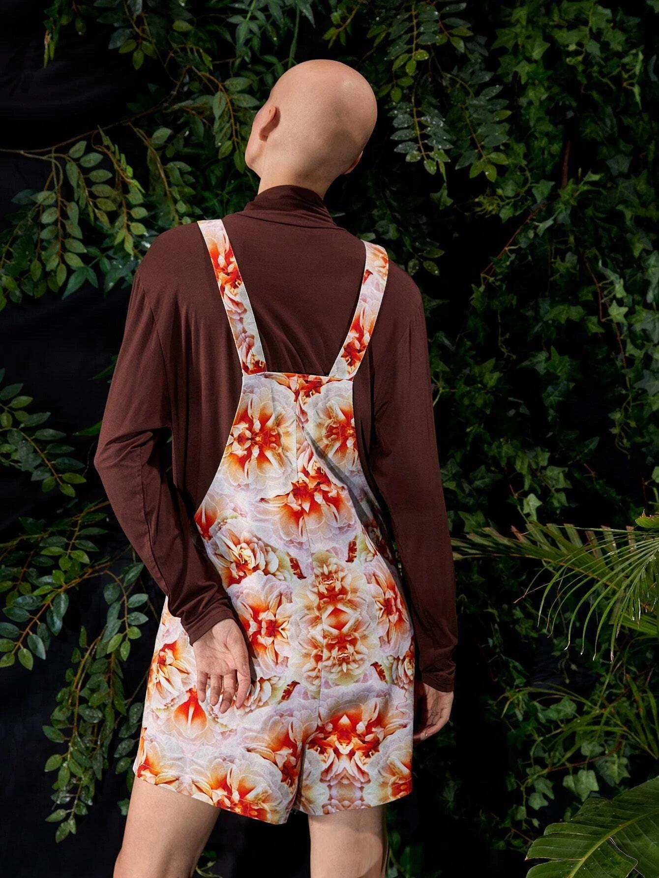 Floral Print Pocket Front Overall Romper-Comfy Jumpsuits