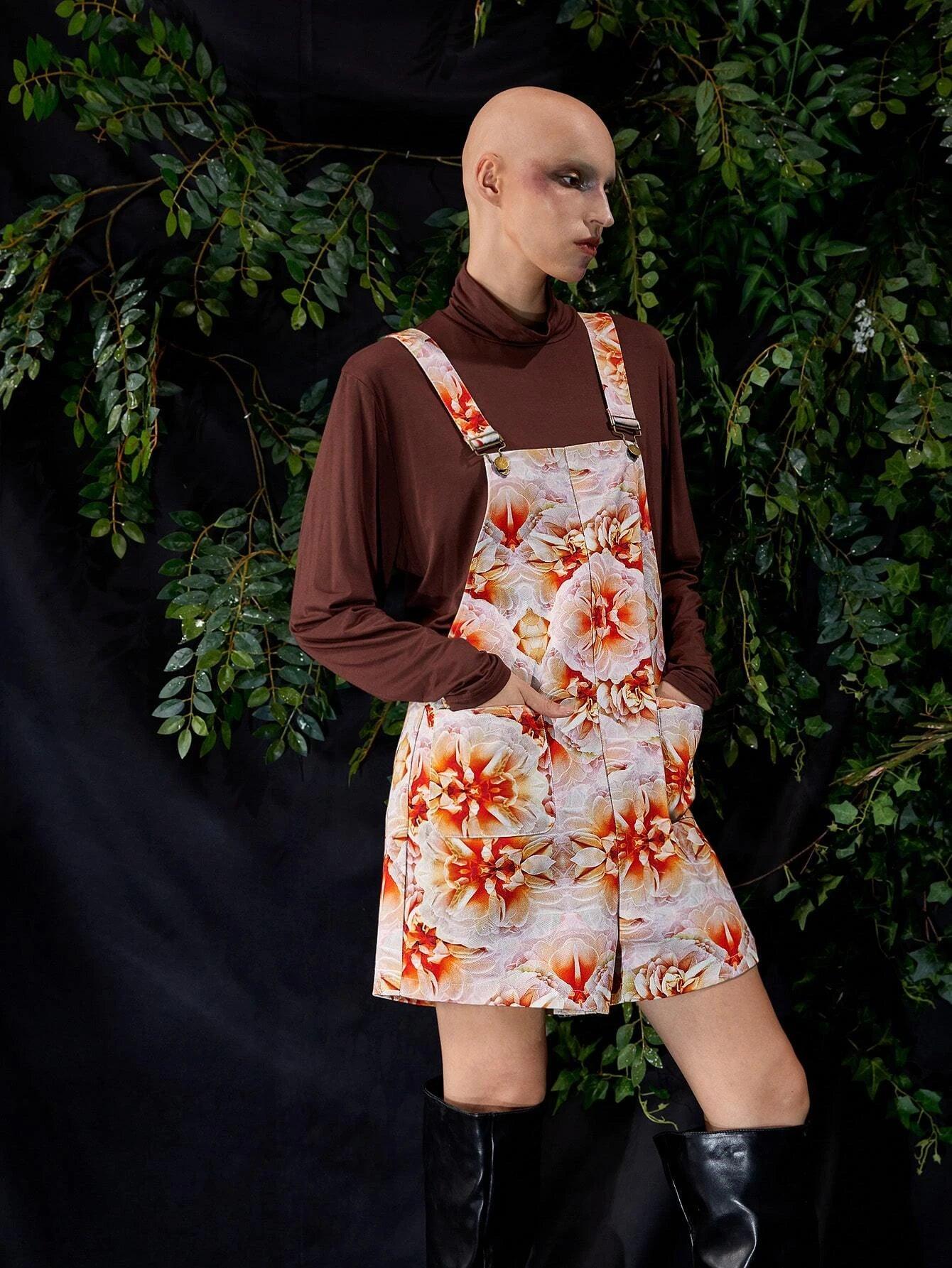 Floral Print Pocket Front Overall Romper-Comfy Jumpsuits