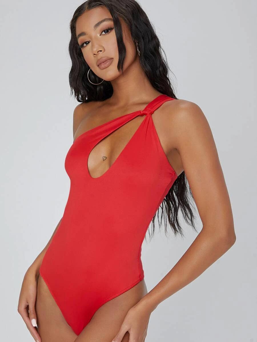 Cutout One-Shoulder Cheeky Bodysuit-Comfy Jumpsuits