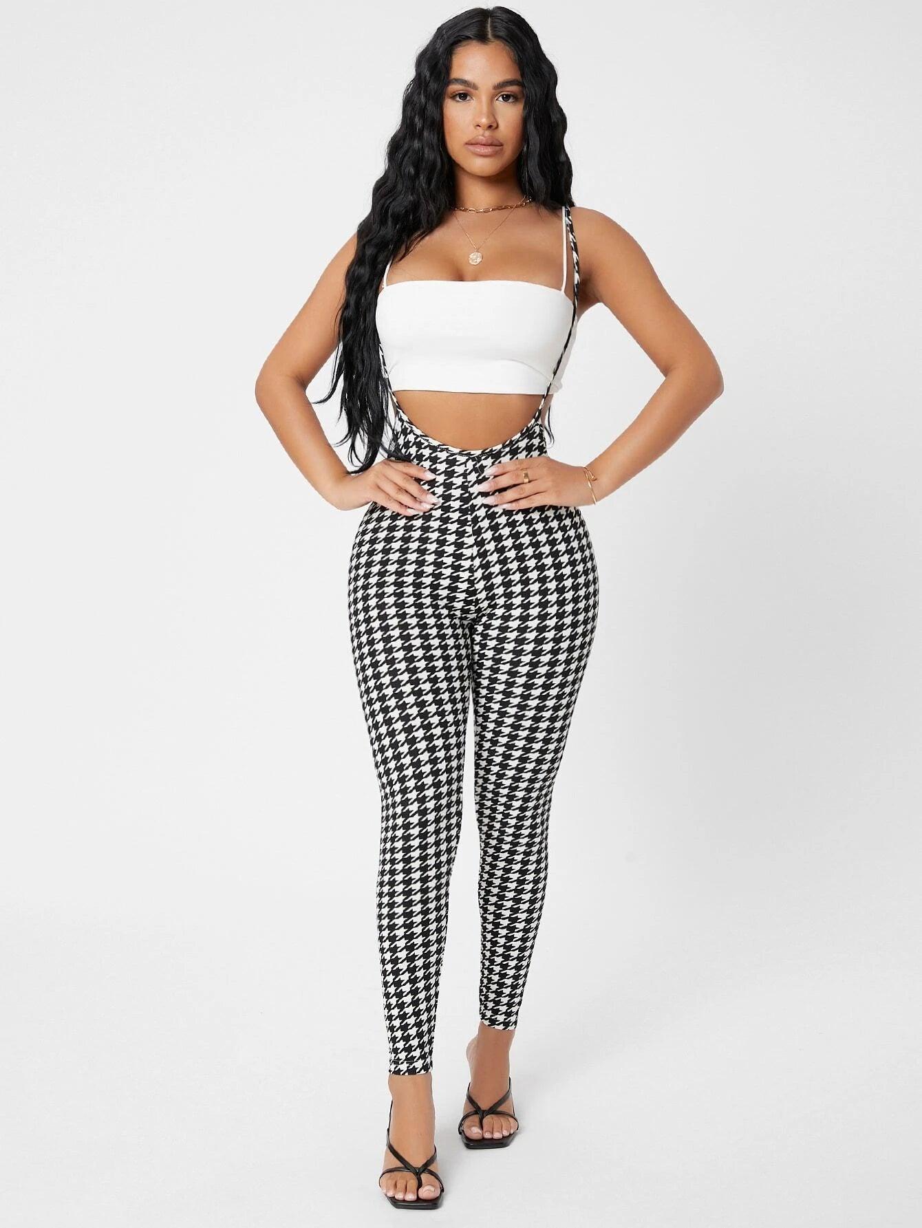 Houndstooth Suspender Jumpsuit-Comfy Jumpsuits