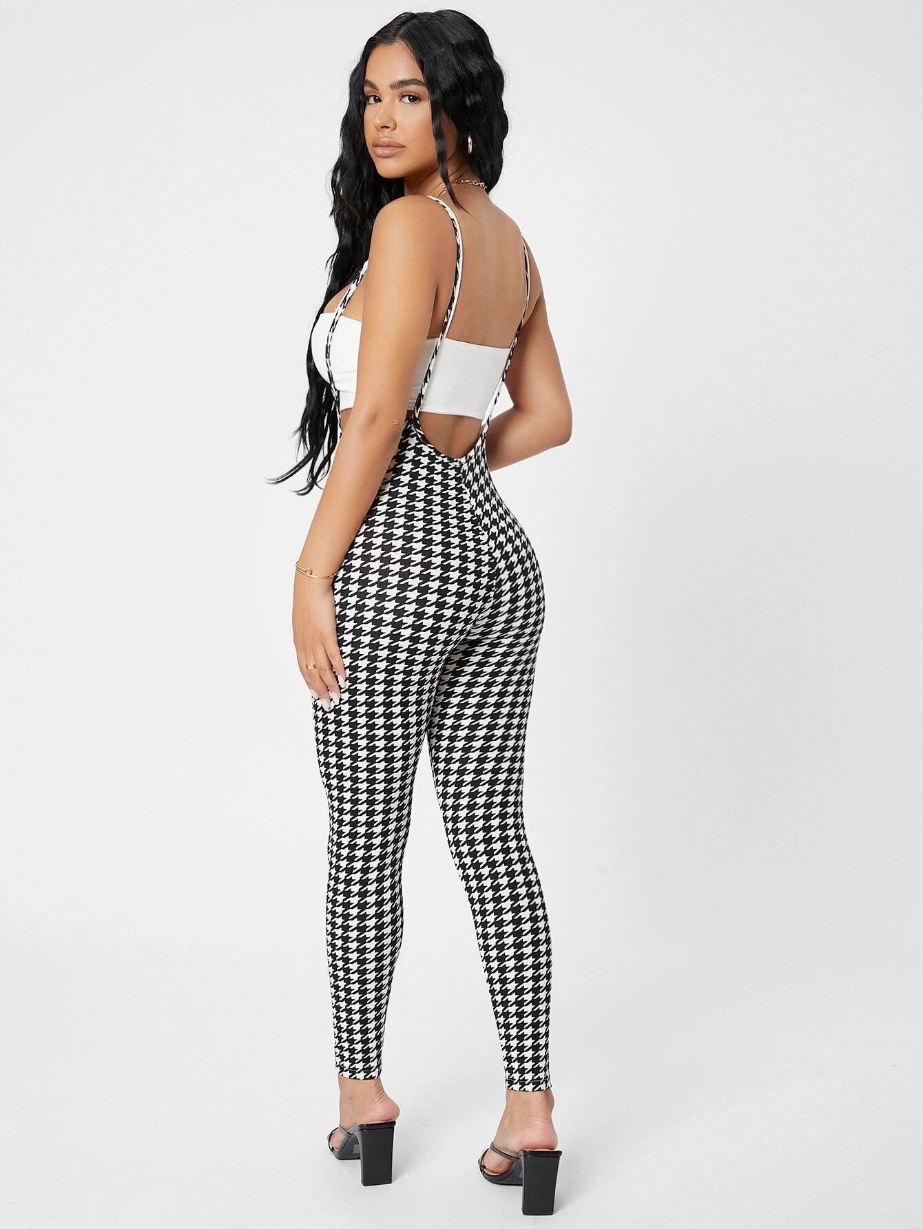 Houndstooth Suspender Jumpsuit-Comfy Jumpsuits