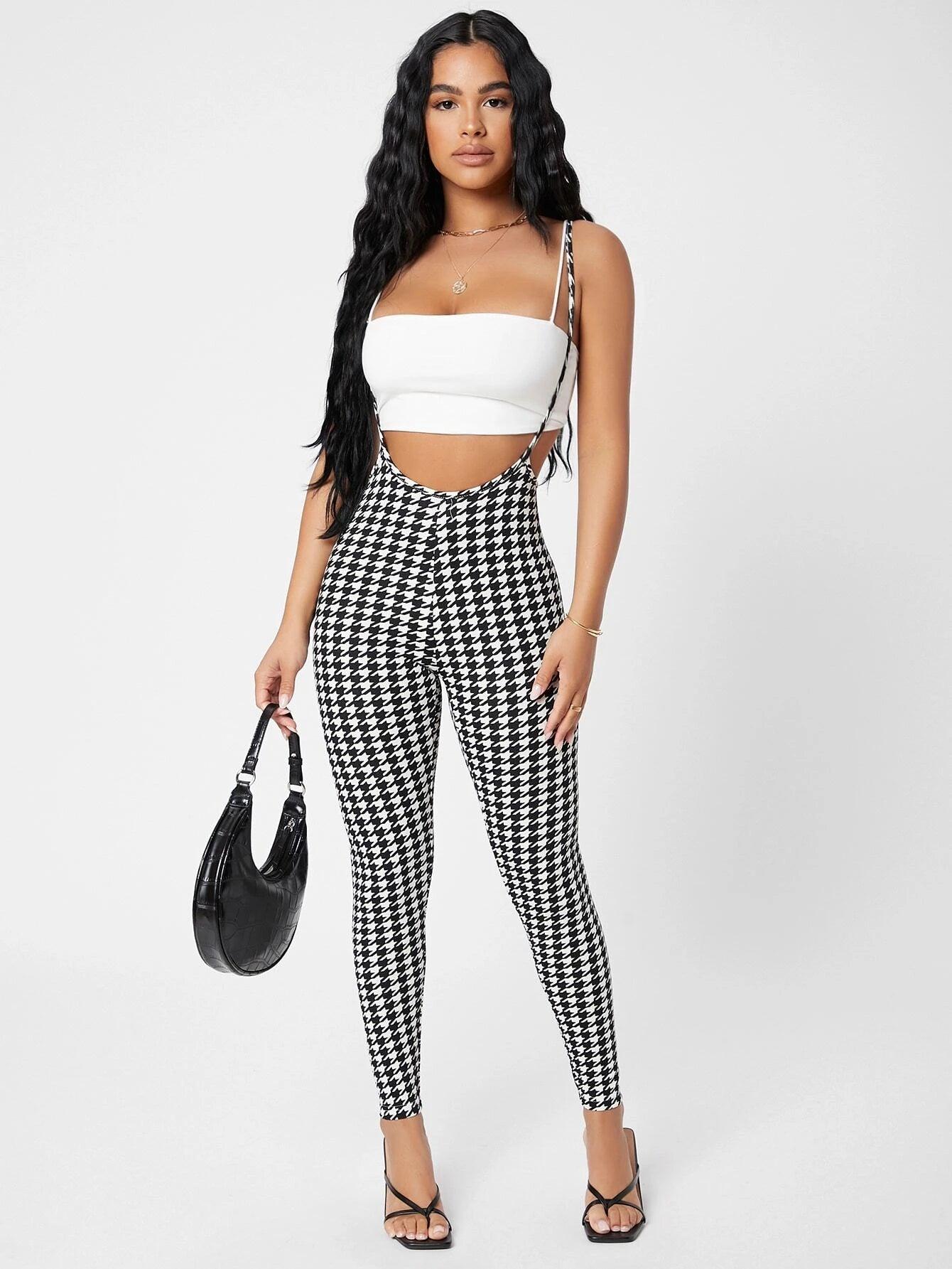 Houndstooth Suspender Jumpsuit-Comfy Jumpsuits