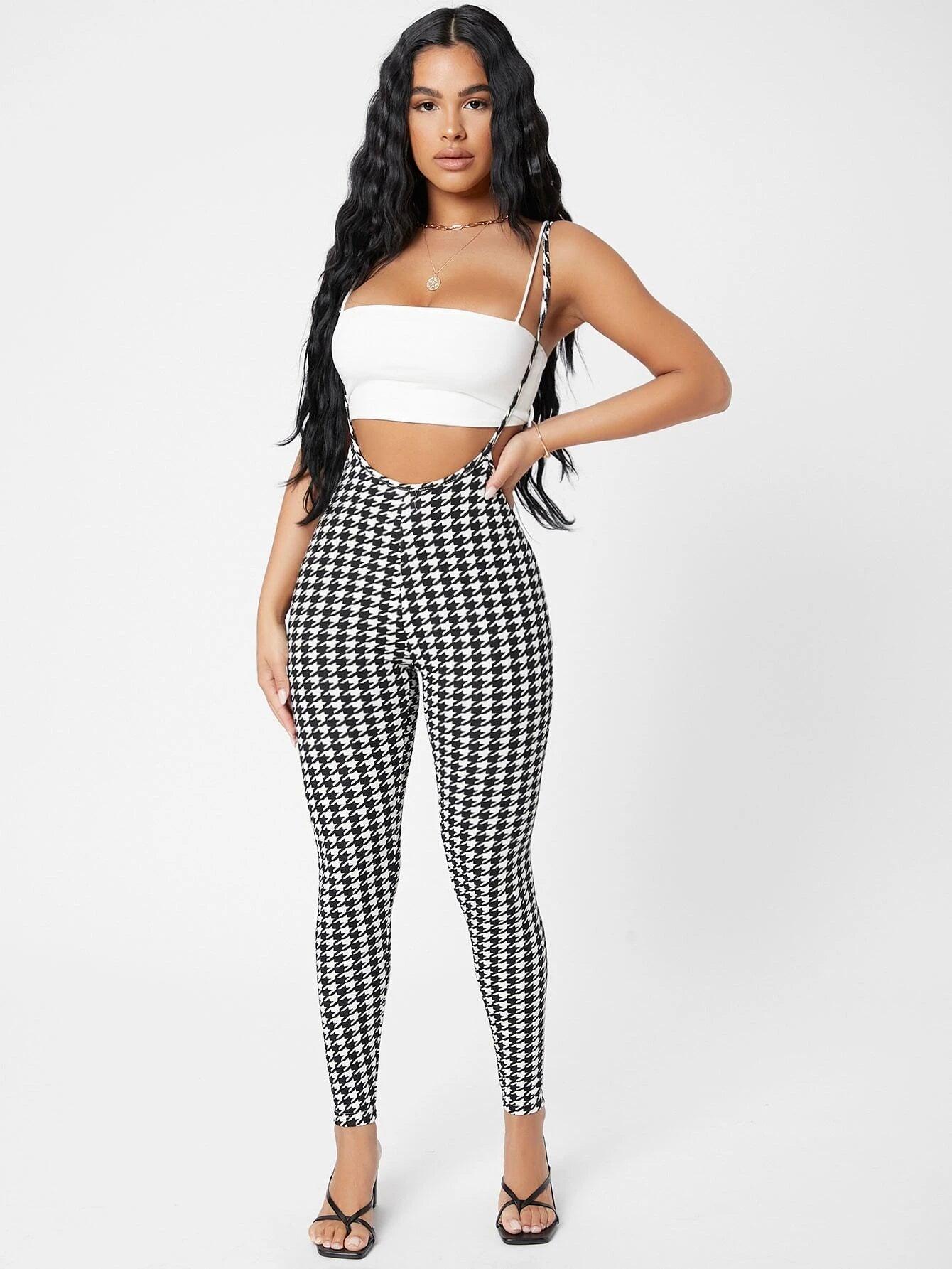 Houndstooth Suspender Jumpsuit-Comfy Jumpsuits