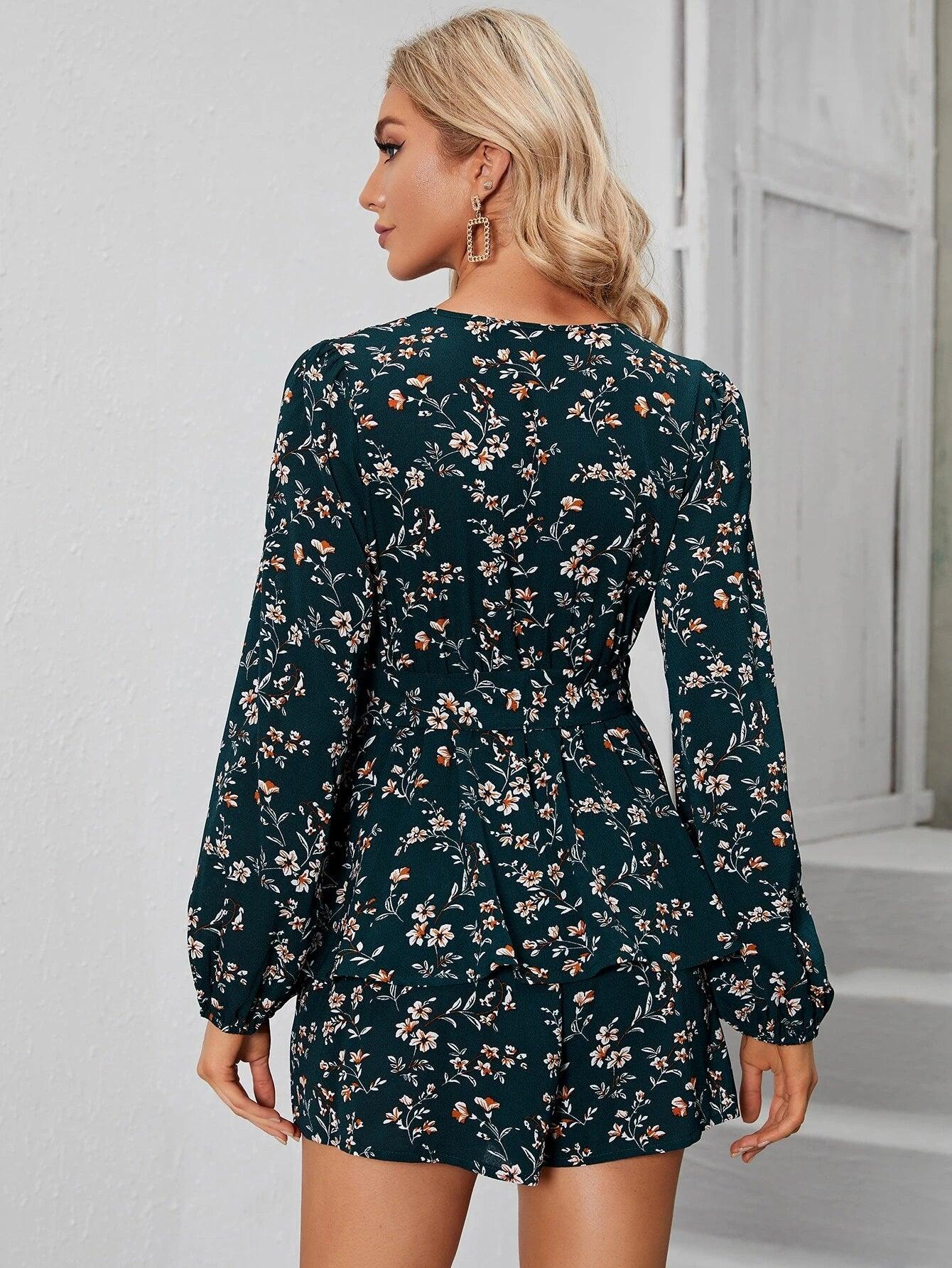 Floral Wrap Belted Romper-Comfy Jumpsuits