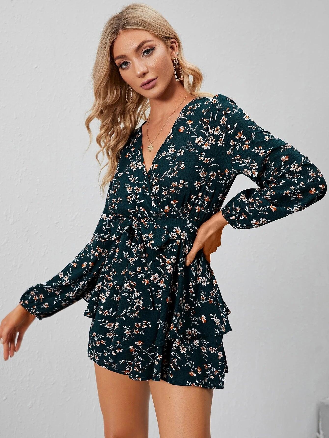 Floral Wrap Belted Romper-Comfy Jumpsuits