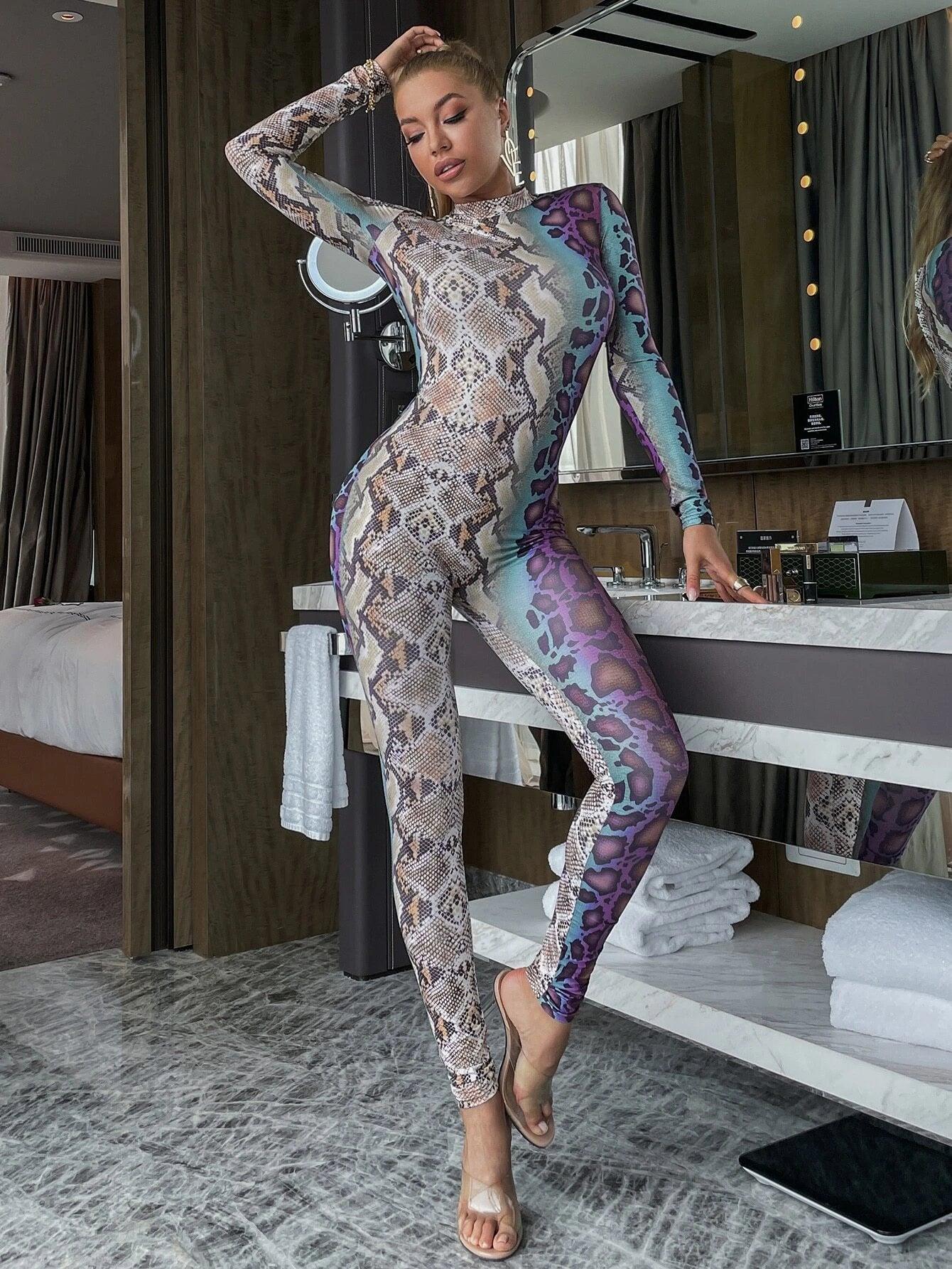 Snakeskin Print Backless Skinny Jumpsuit-Comfy Jumpsuits