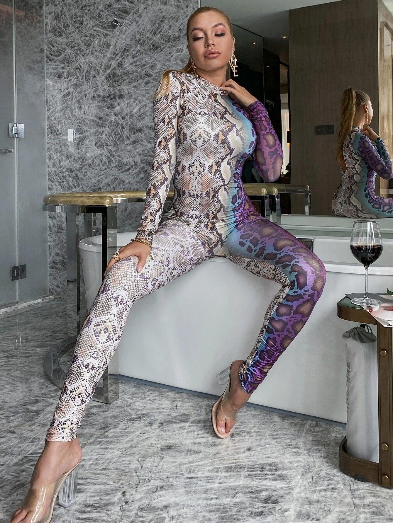 Snakeskin Print Backless Skinny Jumpsuit-Comfy Jumpsuits