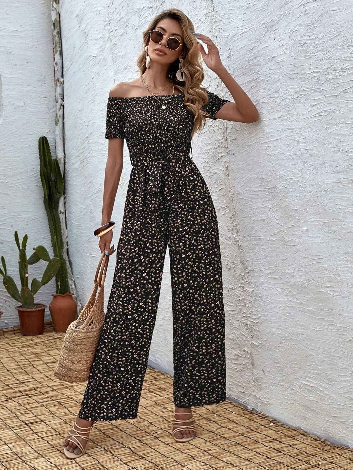 Long Floral Printed Short Sleeve Jumpsuit-Comfy Jumpsuits