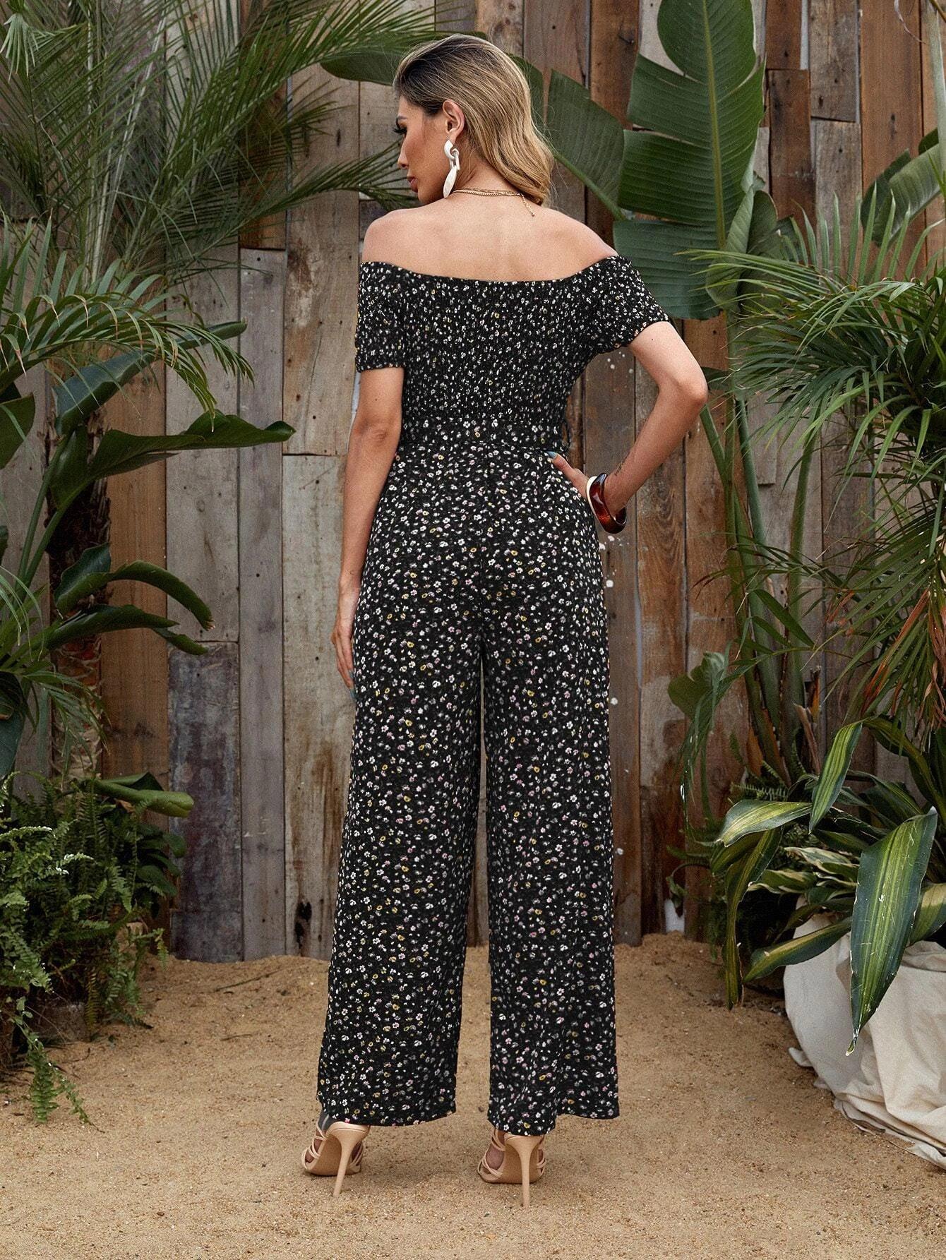 Long Floral Printed Short Sleeve Jumpsuit-Comfy Jumpsuits