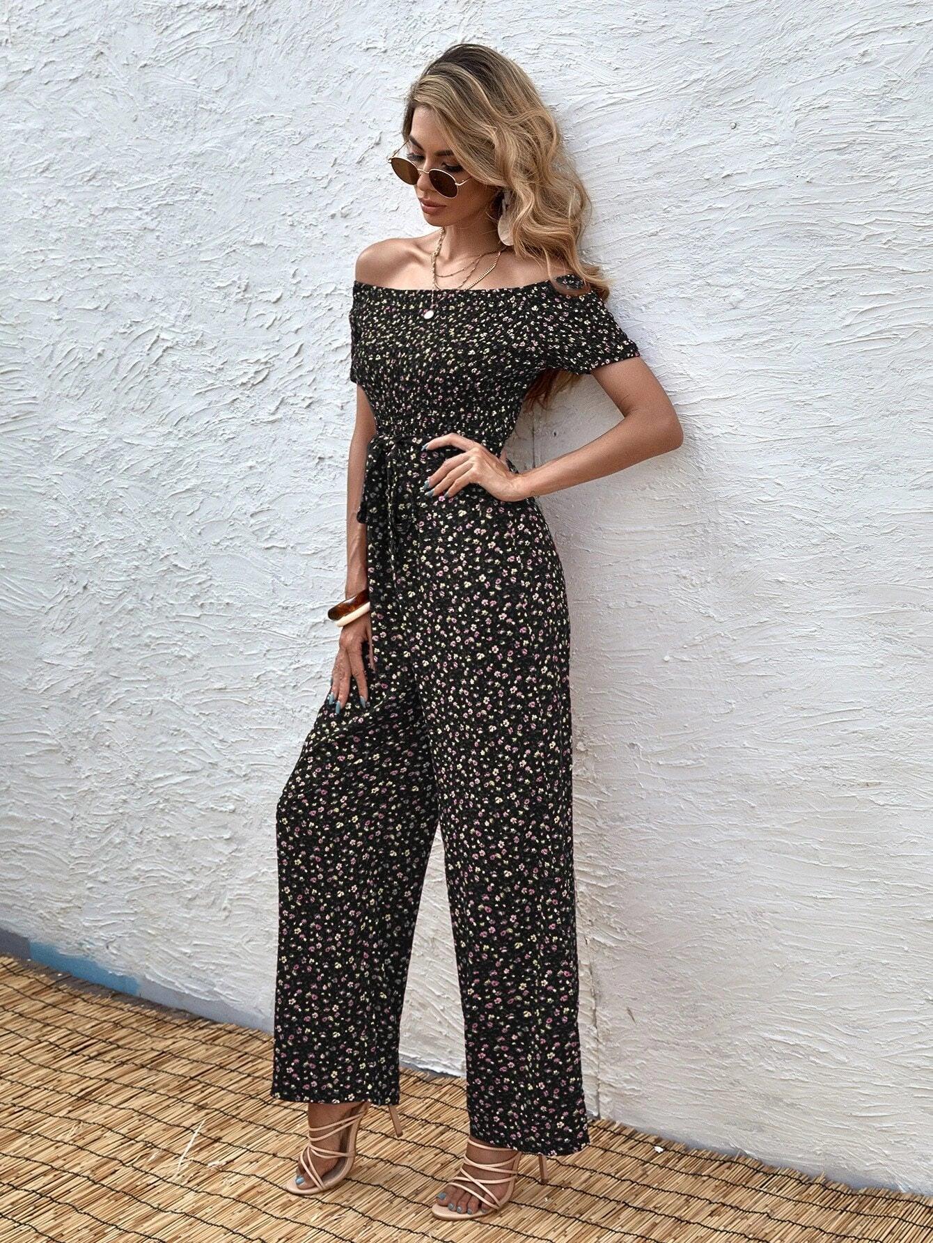 Long Floral Printed Short Sleeve Jumpsuit-Comfy Jumpsuits