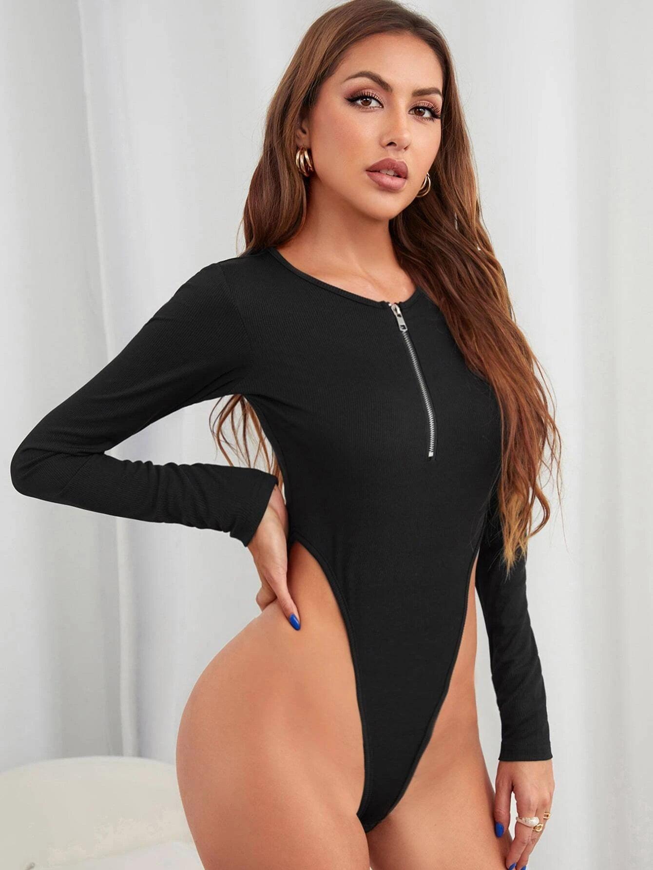Round neck Zip Cut-out Bodysuit-Comfy Jumpsuits