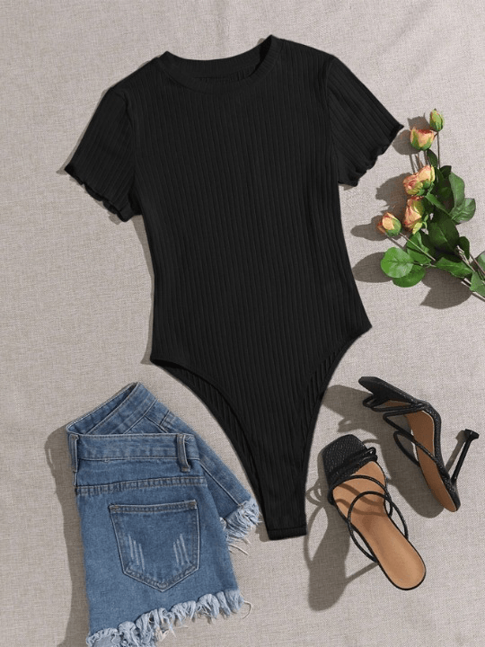 Lettuce Trim Ribbed Knit Bodysuit-Comfy Jumpsuits