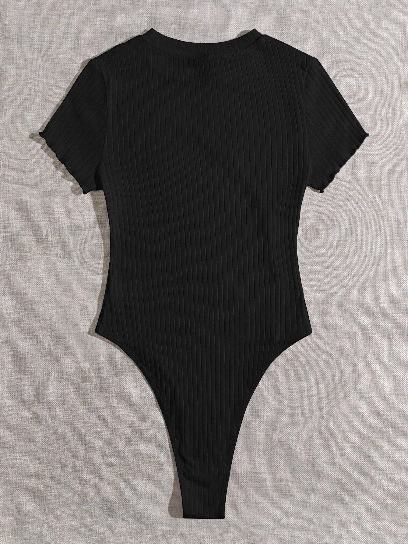 Lettuce Trim Ribbed Knit Bodysuit-Comfy Jumpsuits