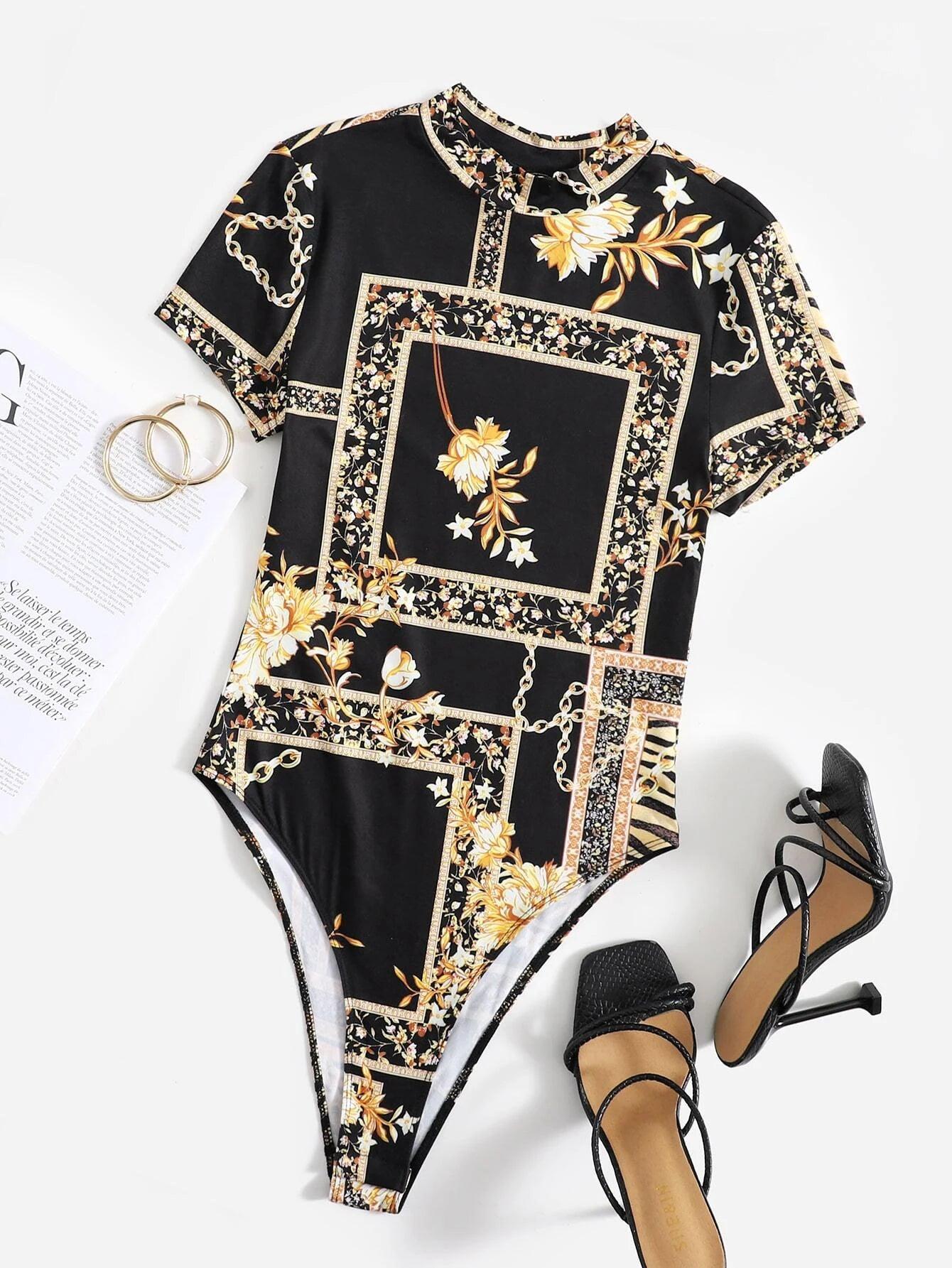 Scarf Print Unitard Bodysuit-Comfy Jumpsuits