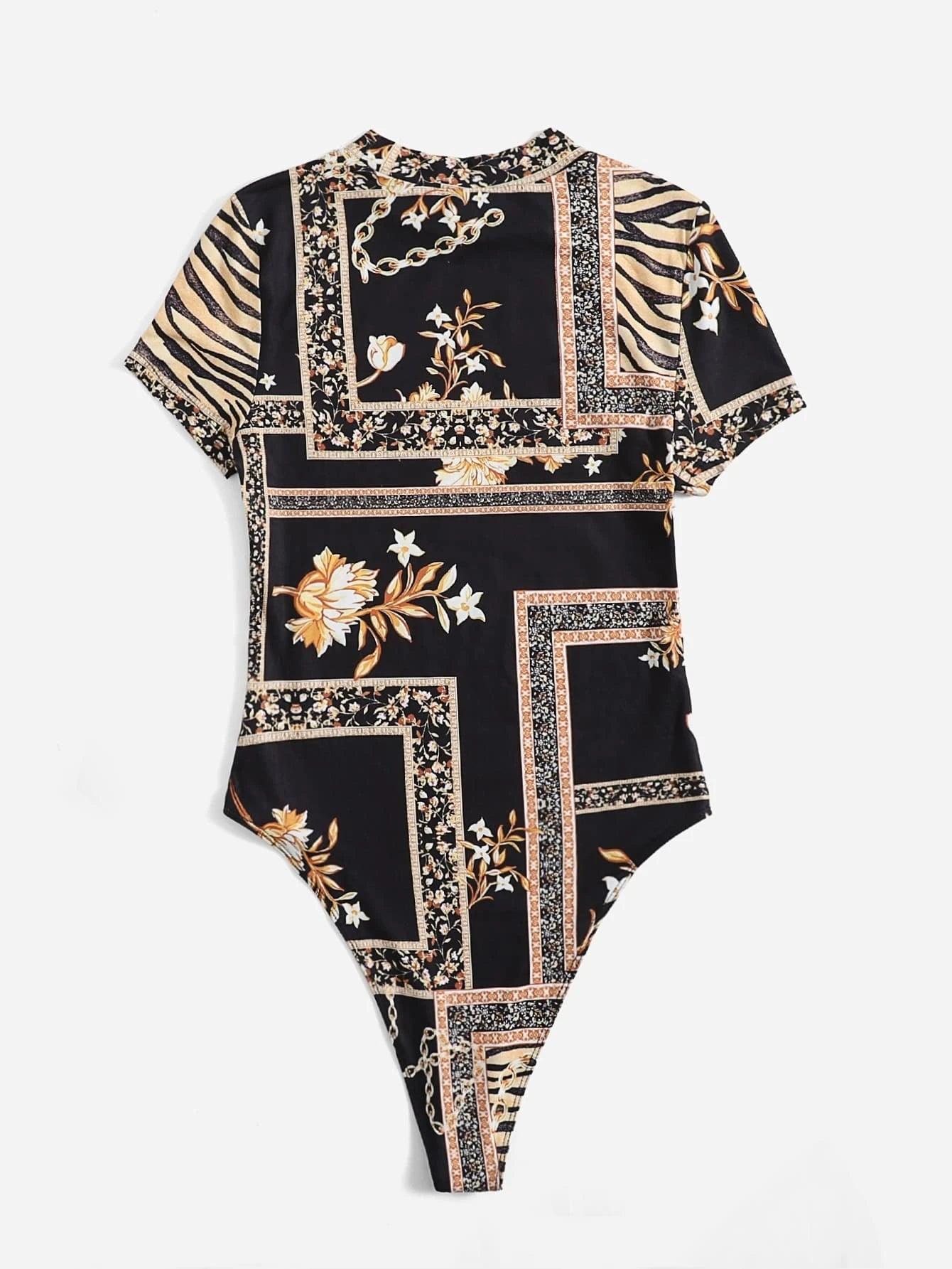 Scarf Print Unitard Bodysuit-Comfy Jumpsuits