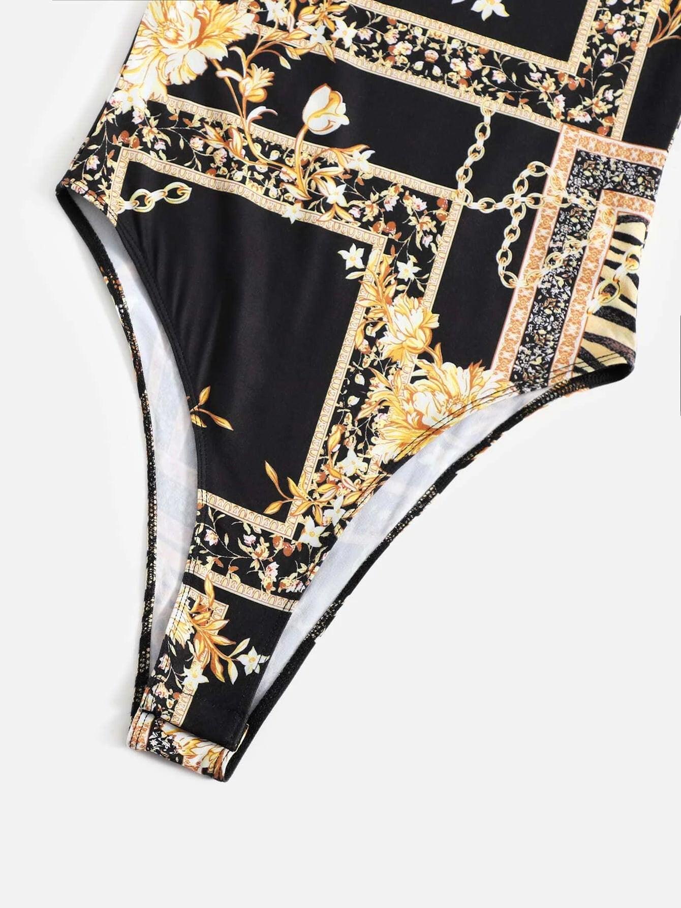 Scarf Print Unitard Bodysuit-Comfy Jumpsuits