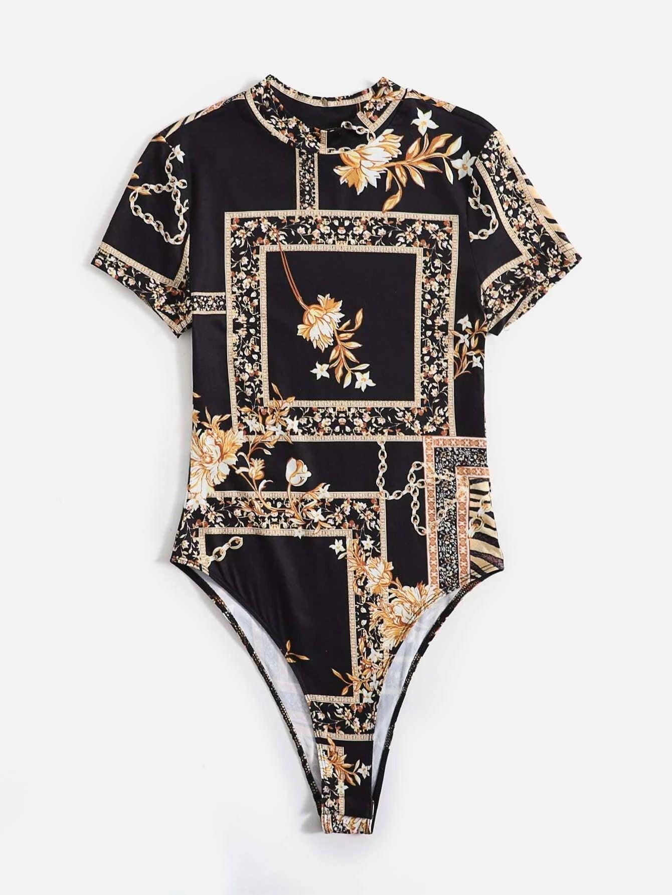 Scarf Print Unitard Bodysuit-Comfy Jumpsuits