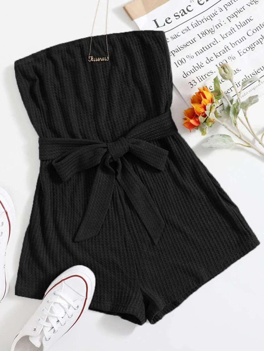 Knit Self Belted Romper-Comfy Jumpsuits