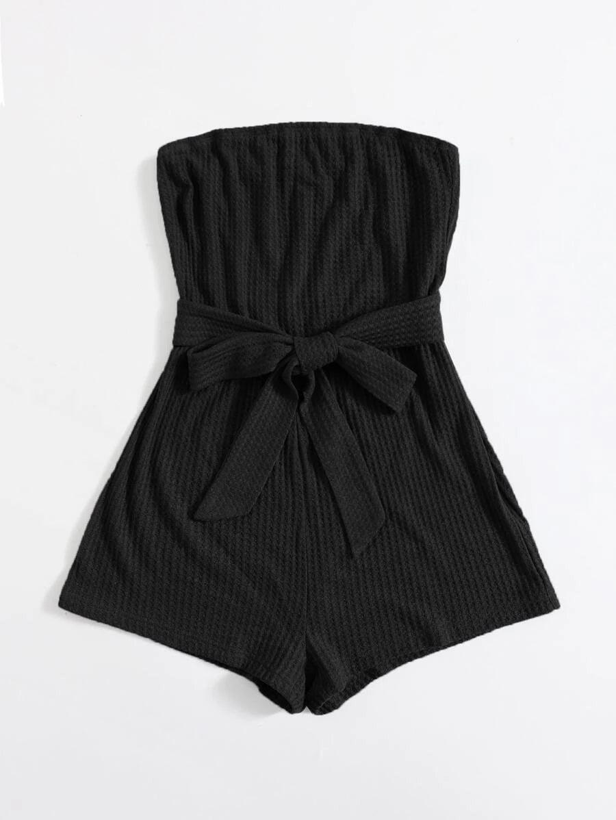 Knit Self Belted Romper-Comfy Jumpsuits